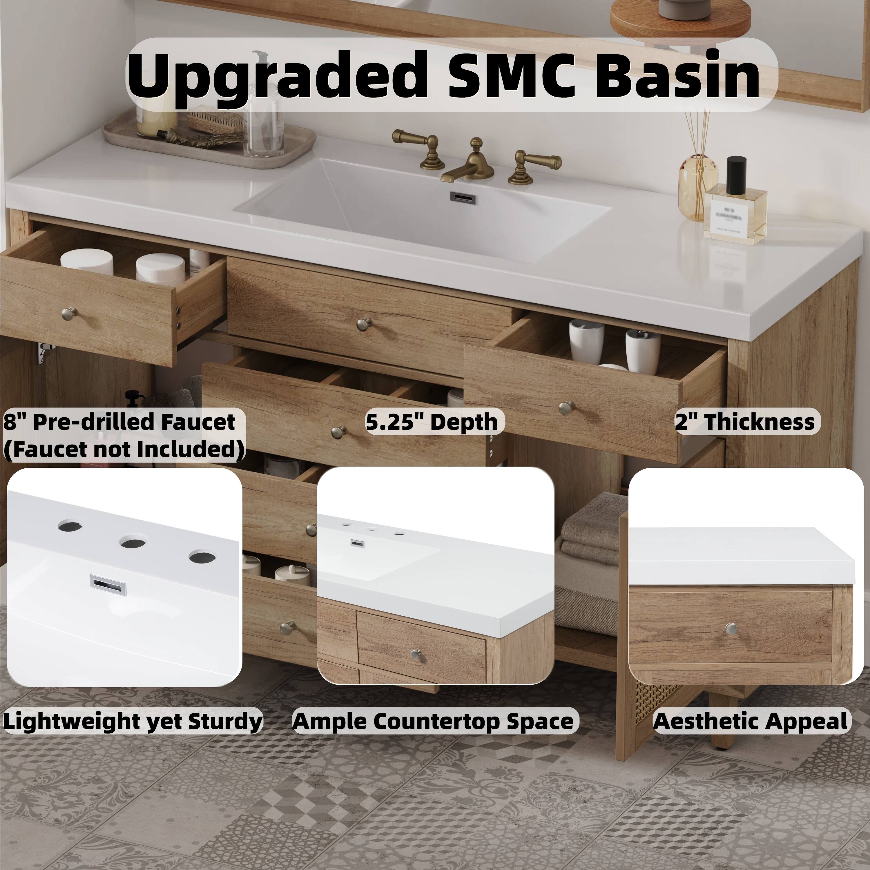 Upgraded SMC Basin  
8" Pre-drilled Faucet (Faucet not Included)  
5.25" Depth  
2" Thickness  
Lightweight yet Sturdy  
Ample Countertop Space  
Aesthetic Appeal