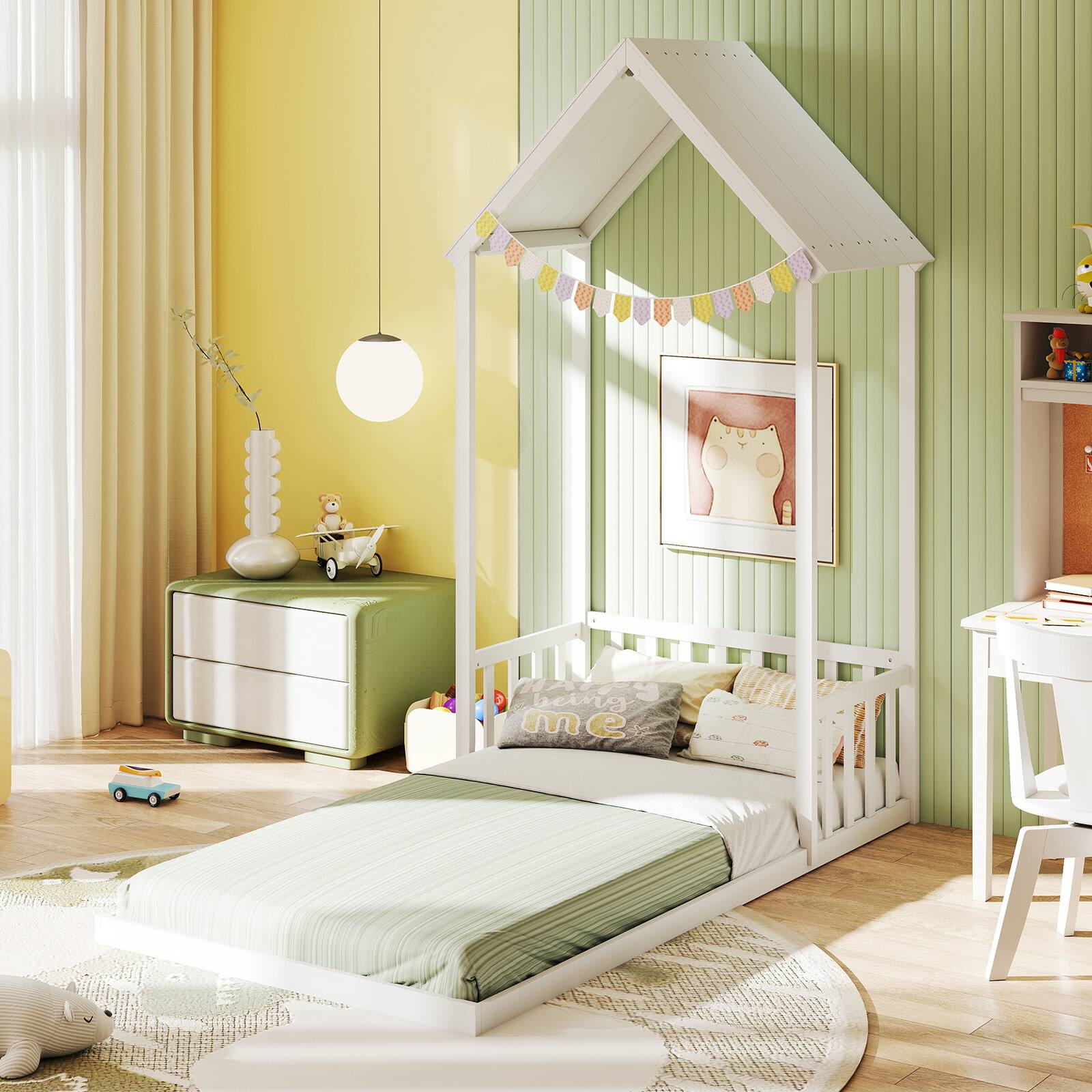 Alt View 4. Costway - Costway Twin Size House Bed Montessori Floor Bed with House Shape Roof & Semi-Fence - White.