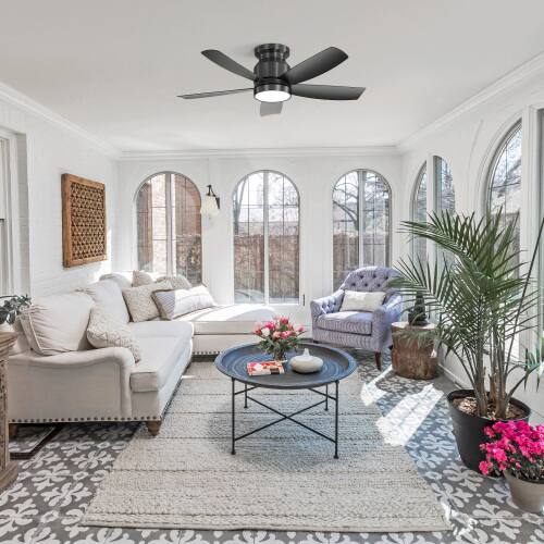 Angle. LUCKY ONE - 42" Flush Mount Ceiling Fan with Light Remote 5 ABS Blades DC Motor - Black.