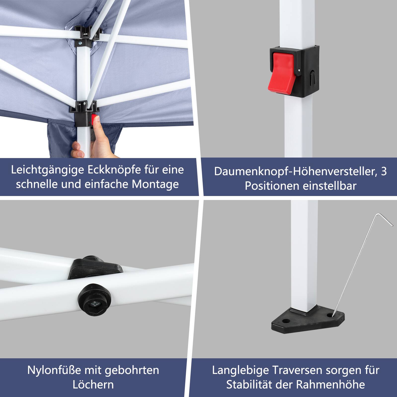 Leichtgängige Eckknöpfe für eine schnelle und einfache Montage

Daumenknopf-Höhenversteller, 3 Positionen einstellbar

Nylonfüße mit geborenten Löchern

Langlebige Traversen sorgen für Stabilität der Rahmenhöhe