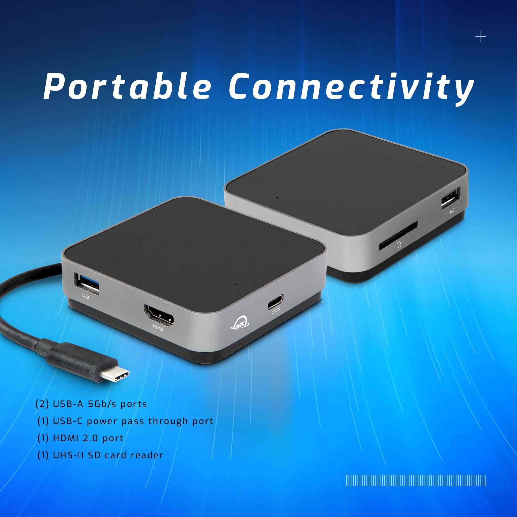 Portable Connectivity

- (2) USB-A 5Gb/s ports
- (1) USB-C power pass through port
- (1) HDMI 2.0 port
- (1) UHS-II SD card reader