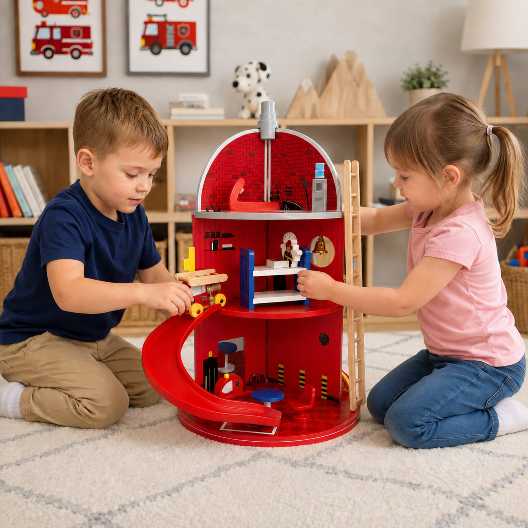 Angle. Teamson Kids - Kids Tabletop Fire Station Play Set Wood.