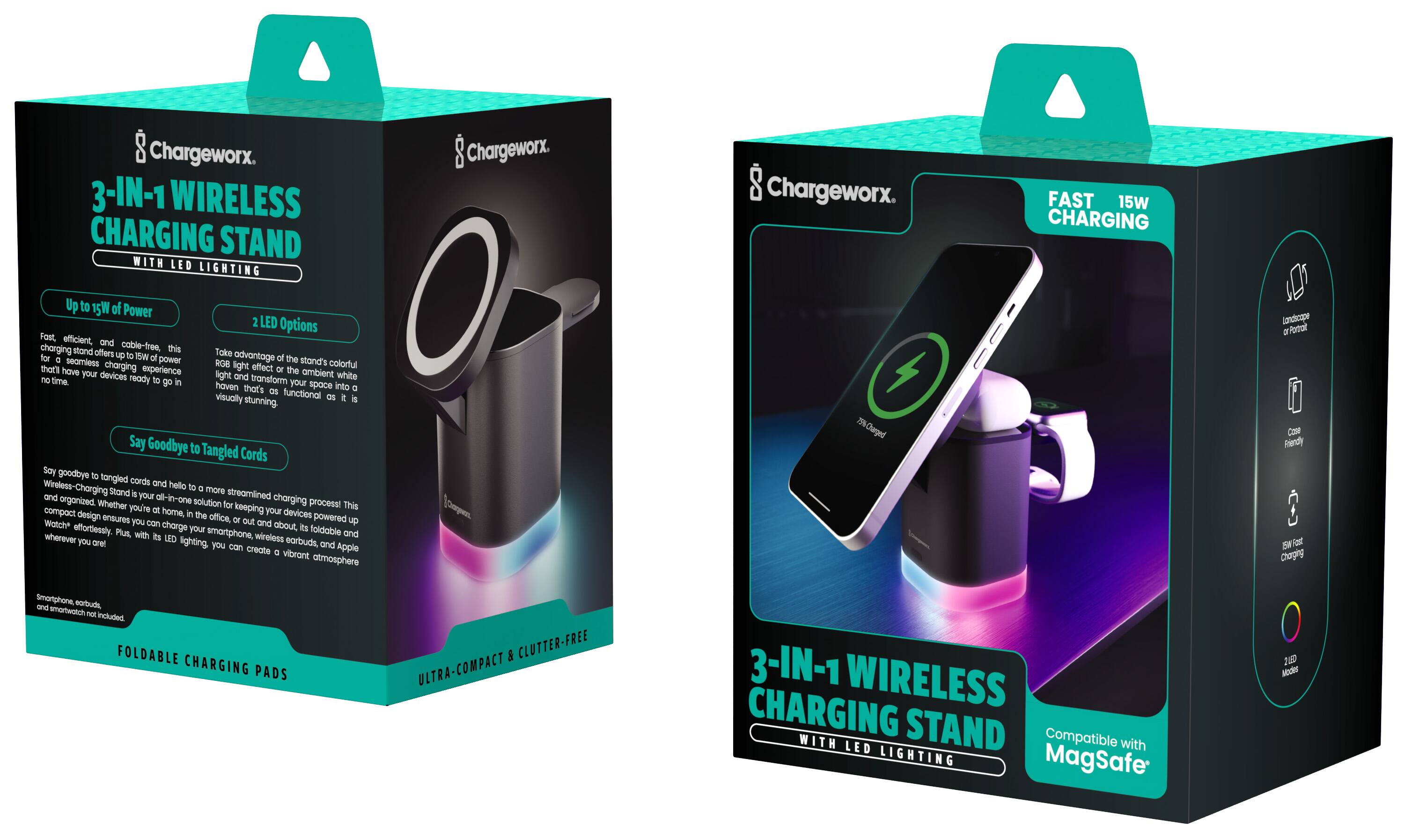 **Chargeworx**

**3-IN-1 WIRELESS CHARGING STAND WITH LED LIGHTING**

- **Up to 15W of Power**
  Fast, efficient, and cable-free, this charging stand offers a seamless power experience that have your devices ready to go in no time.

- **2 LED Options**
  Take advantage of the stand's colorful RGB light effect or the ambient white light and transform your space into a visually stunning haven that's as functional as it is stunning.

- **Say Goodbye to Tangled Cords**
  Wireless Charging is your all-in-one solution for keeping your devices powered up and organized. Whether you're at home, in the office, or out and about, this compact design ensures you can charge your smartphone, wireless earbuds, and Apple Watch effortlessly. Plus, with its LED lighting, you can create a vibrant atmosphere wherever you are!

- **FOLDABLE CHARGING PADS**

- **ULTRA-COMPACT & CLUTTER-FREE**

**FAST 15W CHARGING**

- **Compatible with MagSafe**

- **2 LED MODES**

- **Case Friendly**

- **15W Fast Charging**

- **3-IN-1 WIRELESS CHARGING STAND WITH LED LIGHTING**

- **Compatible with MagSafe**

- **ULTRA-COMPACT & CLUTTER-FREE**

- **FOLDABLE CHARGING PADS**

- **Smartphone, earbuds, and smartwatch not included.**