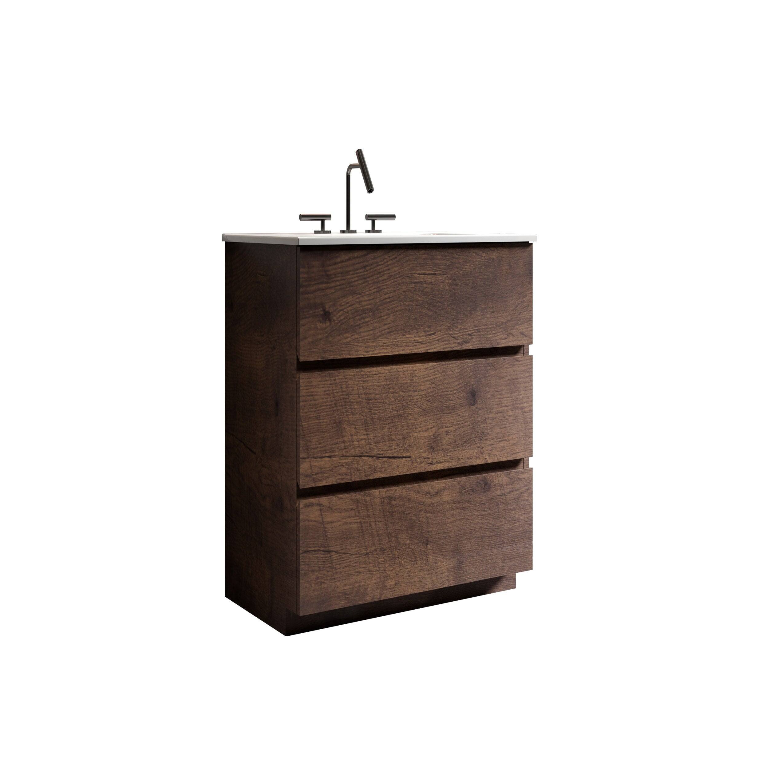 Alt View 2. Boyel Living - 24 Inch Walnut Bathroom Vanity with Sink, Large Storage, Freestanding Design, One-Piece Basin, Pre-Assembled - White+Walnut.