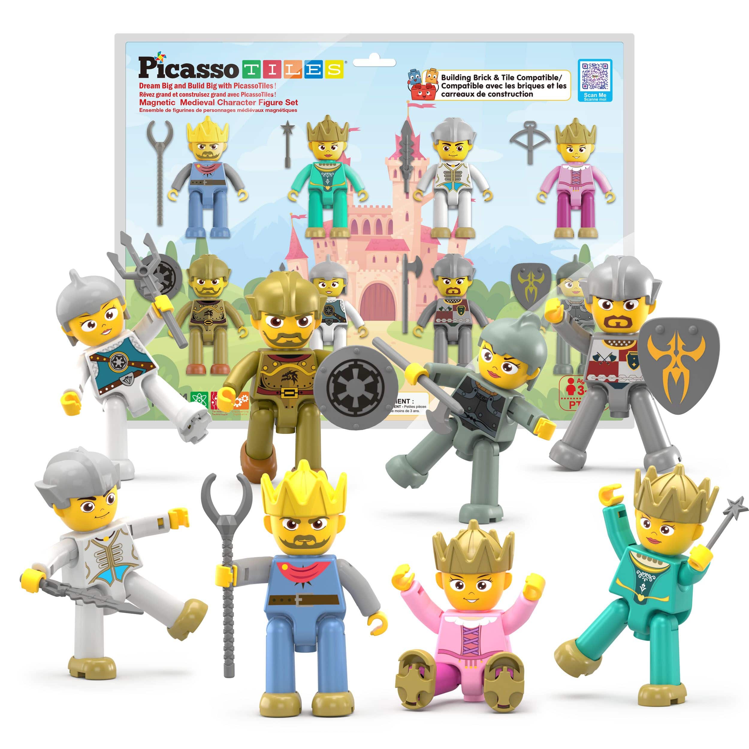 PicassoTiles - PICASSO-TILES Medieval King & Knights Magnetic Action Figures, Magnet Expansion Set for Building Tile Blocks for Kids