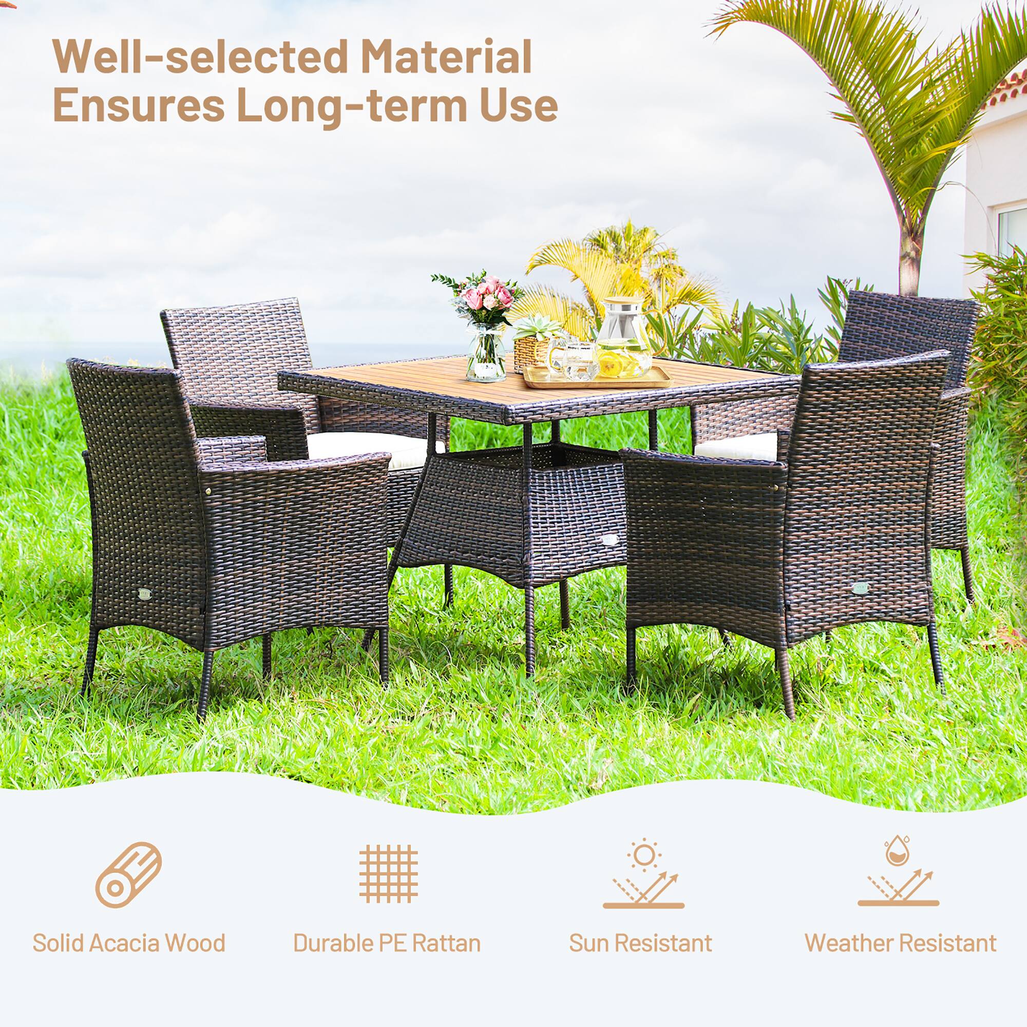 Well-selected Material Ensures Long-term Use

- Solid Acacia Wood
- Durable PE Rattan
- Sun Resistant
- Weather Resistant