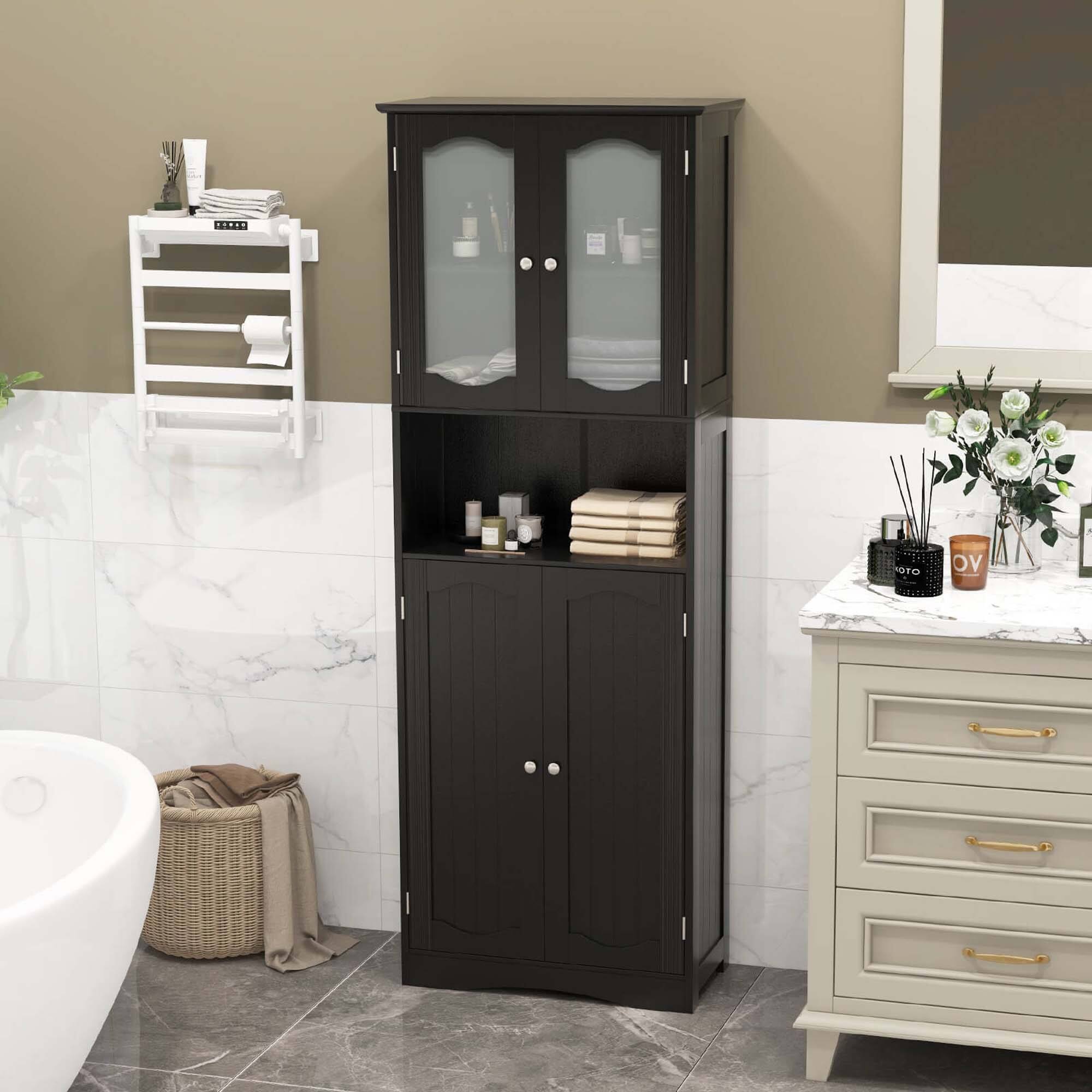 Alt View 1. Costway - Costway 64.5" Tall Bathroom Cabinet with Tempered Glass Doors Adjustable Shelves Black - Black.
