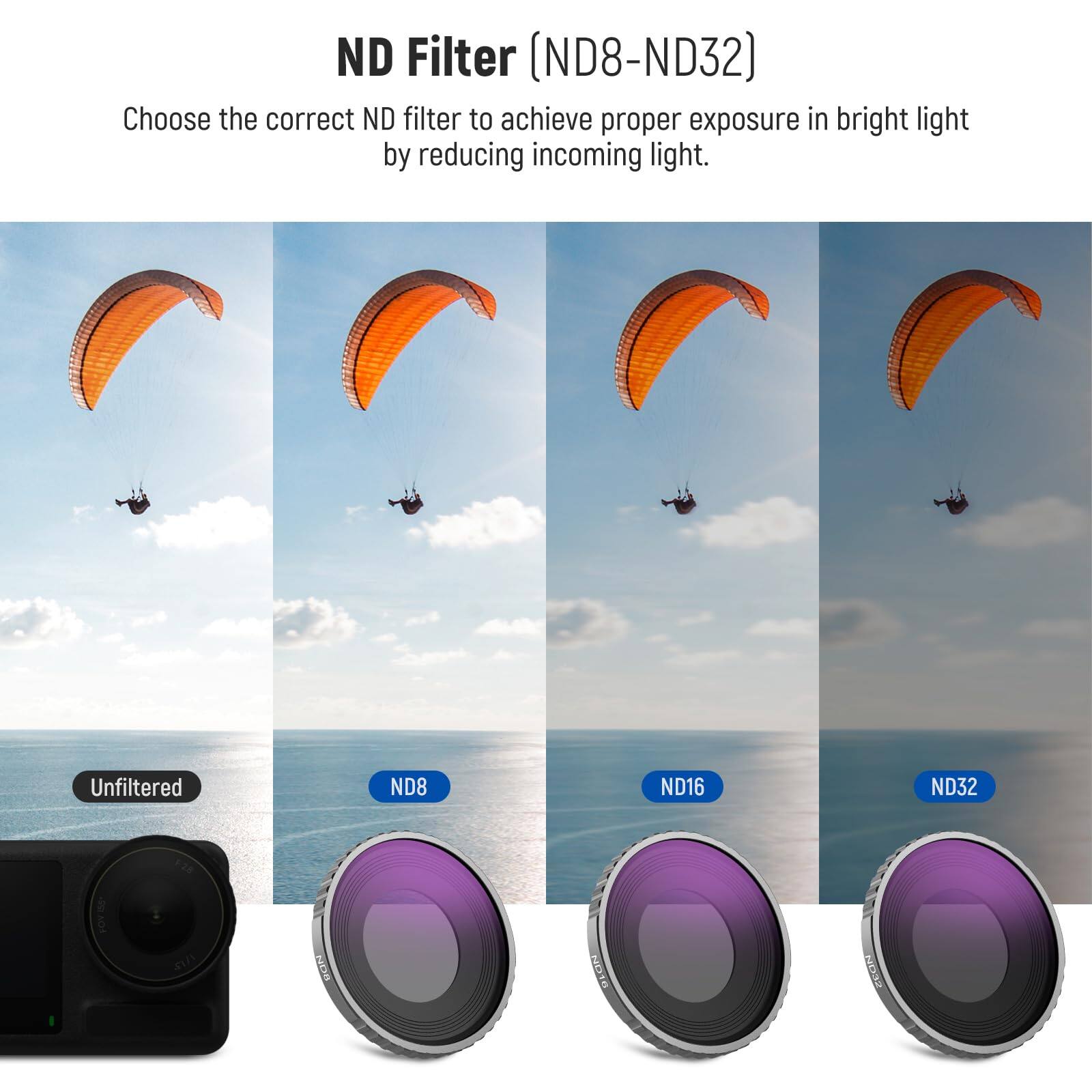 ND Filter (ND8-ND32)

Choose the correct ND filter to achieve proper exposure in bright light by reducing incoming light.

Unfiltered

ND8

ND16

ND32