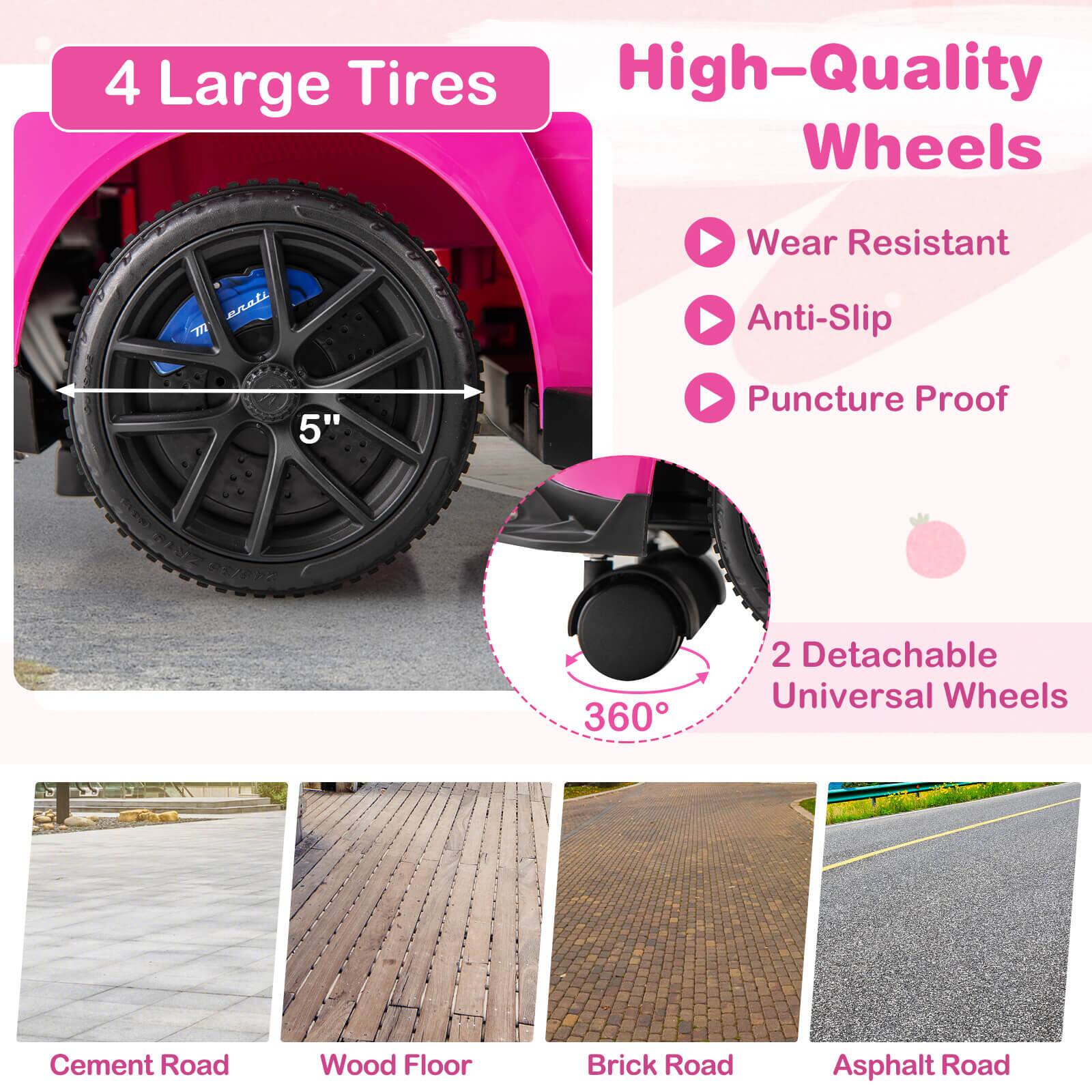 4 Large Tires

High-Quality Wheels
- Wear Resistant
- Anti-Slip
- Puncture Proof

2 Detachable Universal Wheels

360°

Cement Road
Wood Floor
Brick Road
Asphalt Road