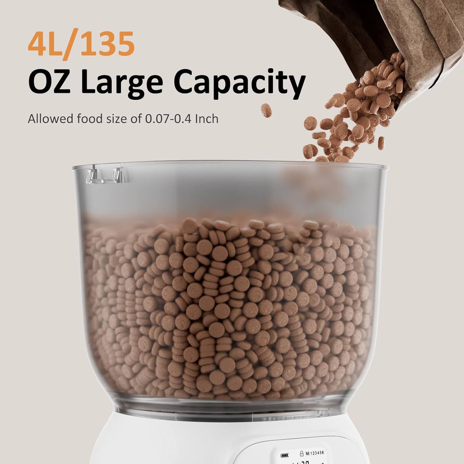 4L/135 OZ Large Capacity  
Allowed food size of 0.07-0.4 Inch  
M123456