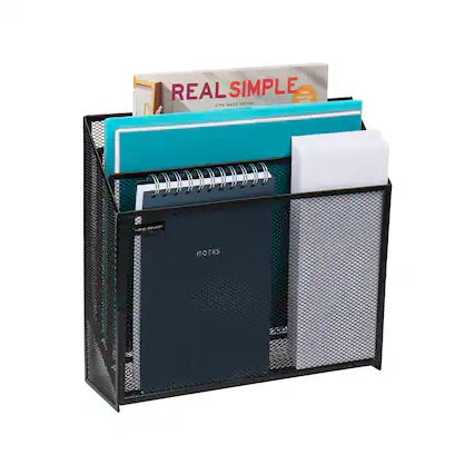 Front. Mind Reader - Vertical File Storage, Desktop Organizer, Workspace, Office, Metal Mesh, 12.5"L x 3.75"W x 11.5"H - Black.