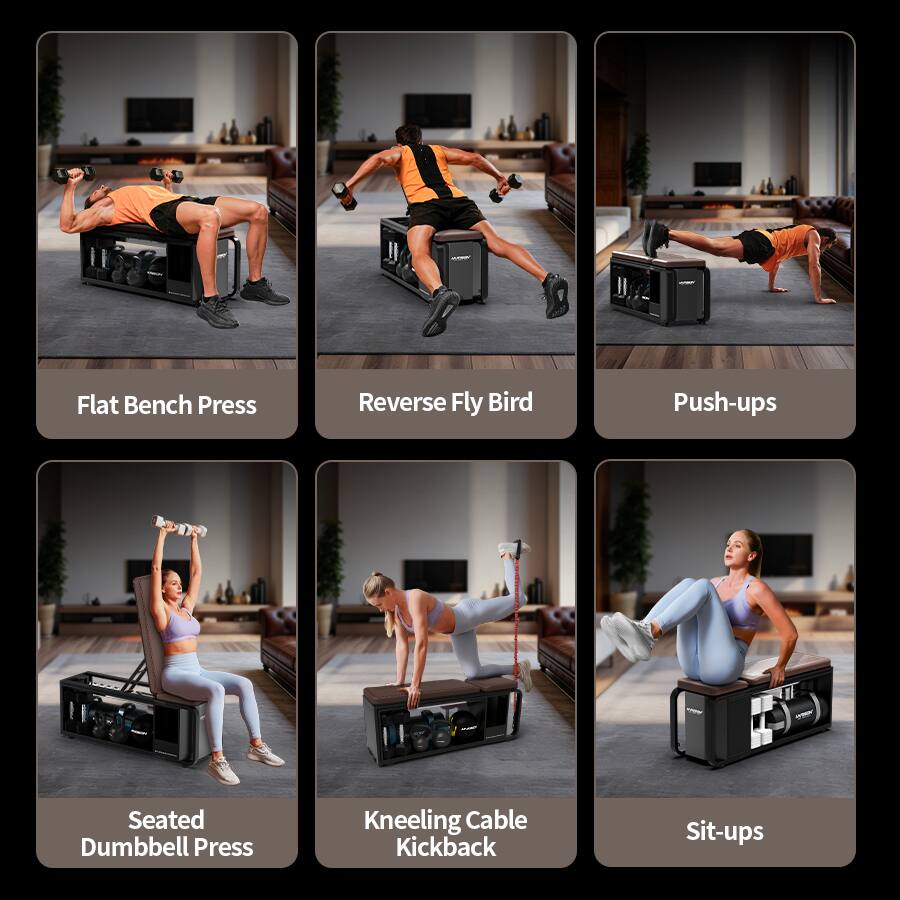 - Flat Bench Press
- Reverse Fly Bird
- Push-ups
- Seated Dumbbell Press
- Kneeling Cable Kickback
- Sit-ups