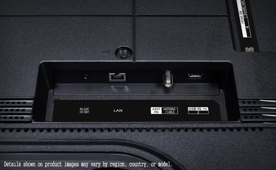 The text on the image reads:

IN 3 (eARC/ARC HDMI) IN 4 I/O RS-232C (SVC ONLY) LAN ANTENNA IN / CABLE USB IN  2 Details shown on product images may vary by region, country, or model.