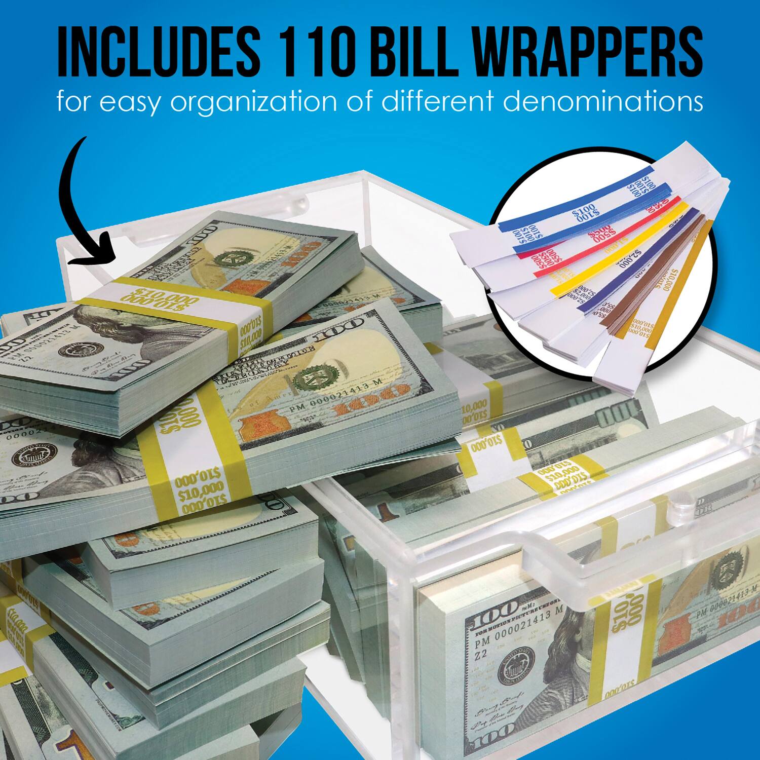 INCLUDES 110 BILL WRAPPERS for easy organization of different denominations