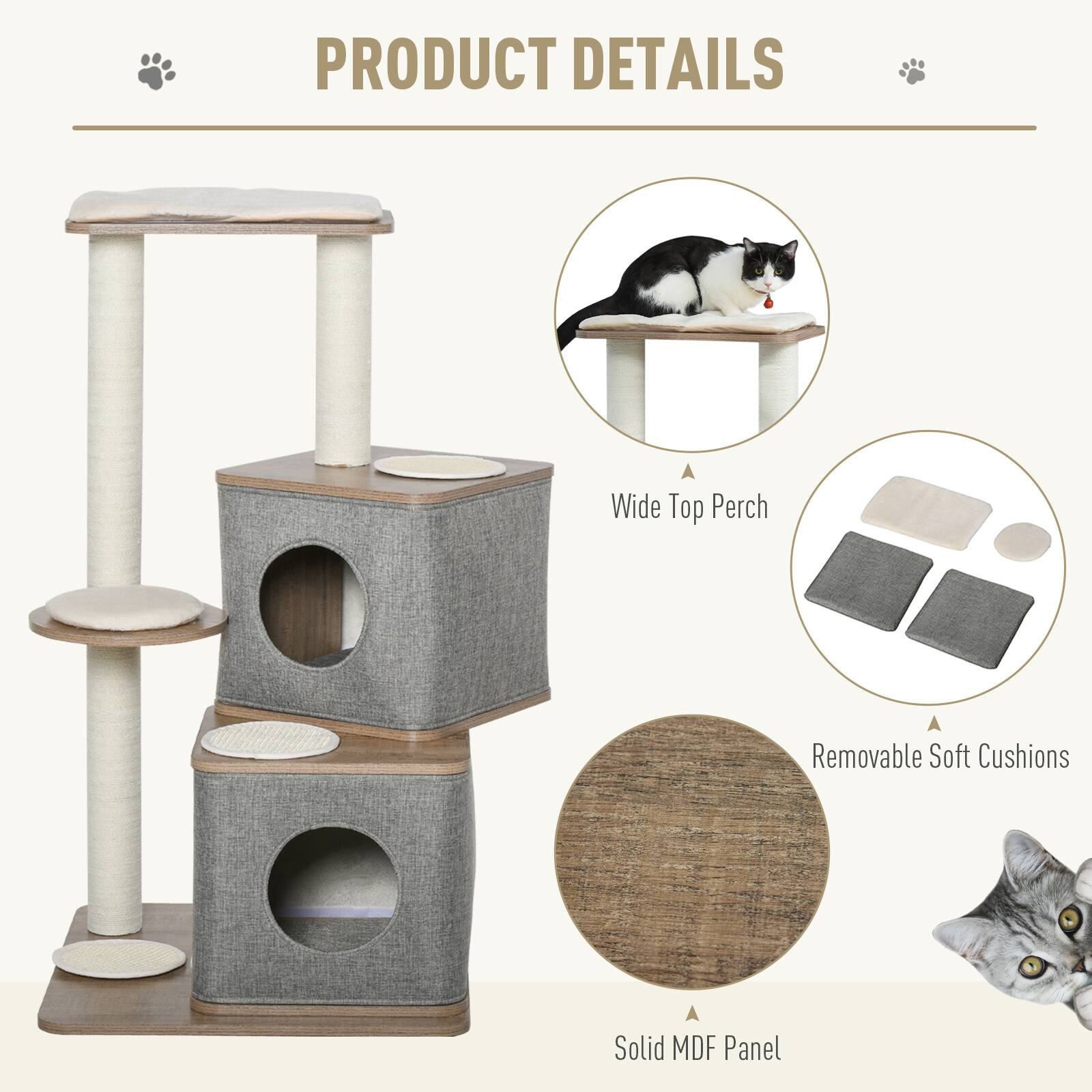 Back. Pawhut - 44" H Feline Cat Tower Tree House with Sisal Scratching Posts, Soft Relaxing Cushions, & Many Perches/Condos - Brown, Grey and White.