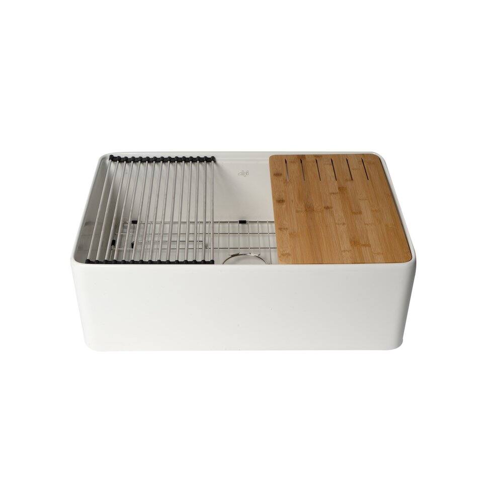 Alt View 4. Alfi - ALFI brand White Smooth Apron Workstation 30 x 20 Single Bowl Step Rim Fireclay Farm Sink - White.