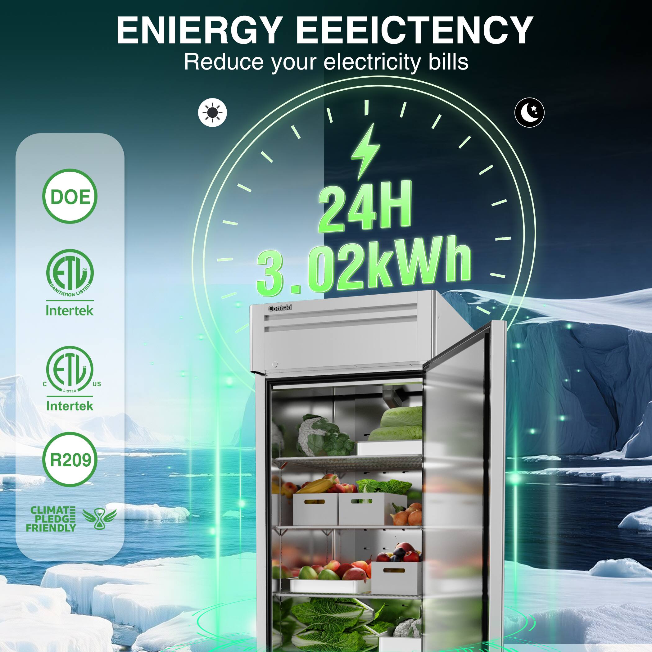 ENERGY EFFICIENCY  
Reduce your electricity bills  

DOE  
ETL  
Intertek  
24H  
3.02kWh  

ETL  
Intertek  
R209  

CLIMATE PLEDGE FRIENDLY
