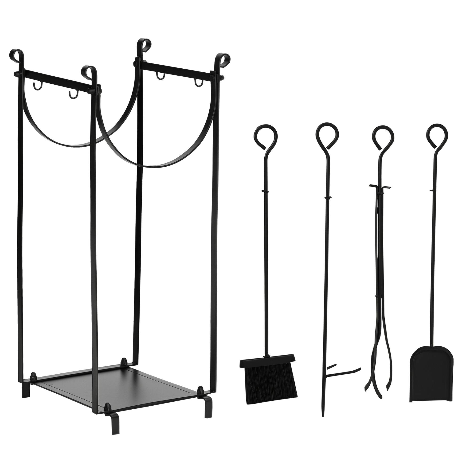 Front. Outsunny - Firewood Rack with Fireplace Tools, Outdoor Firewood Holder, 30.25" Tall Build with 2-Tiers for Fireplace - Black.