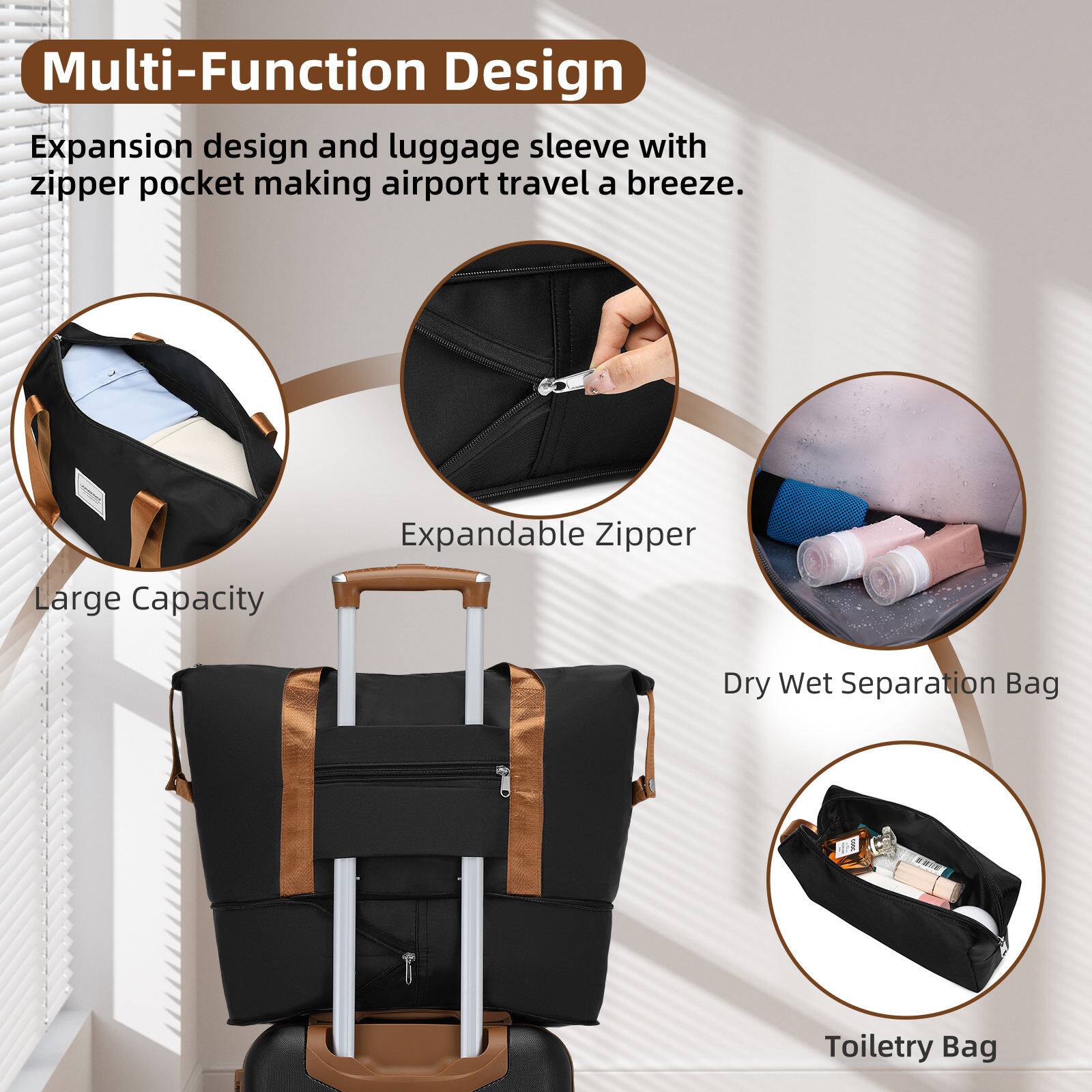 Multi-Function Design  
Expansion design and luggage sleeve with zipper pocket making airport travel a breeze.  

- Large Capacity  
- Expandable Zipper  
- Dry Wet Separation Bag  
- Toiletry Bag