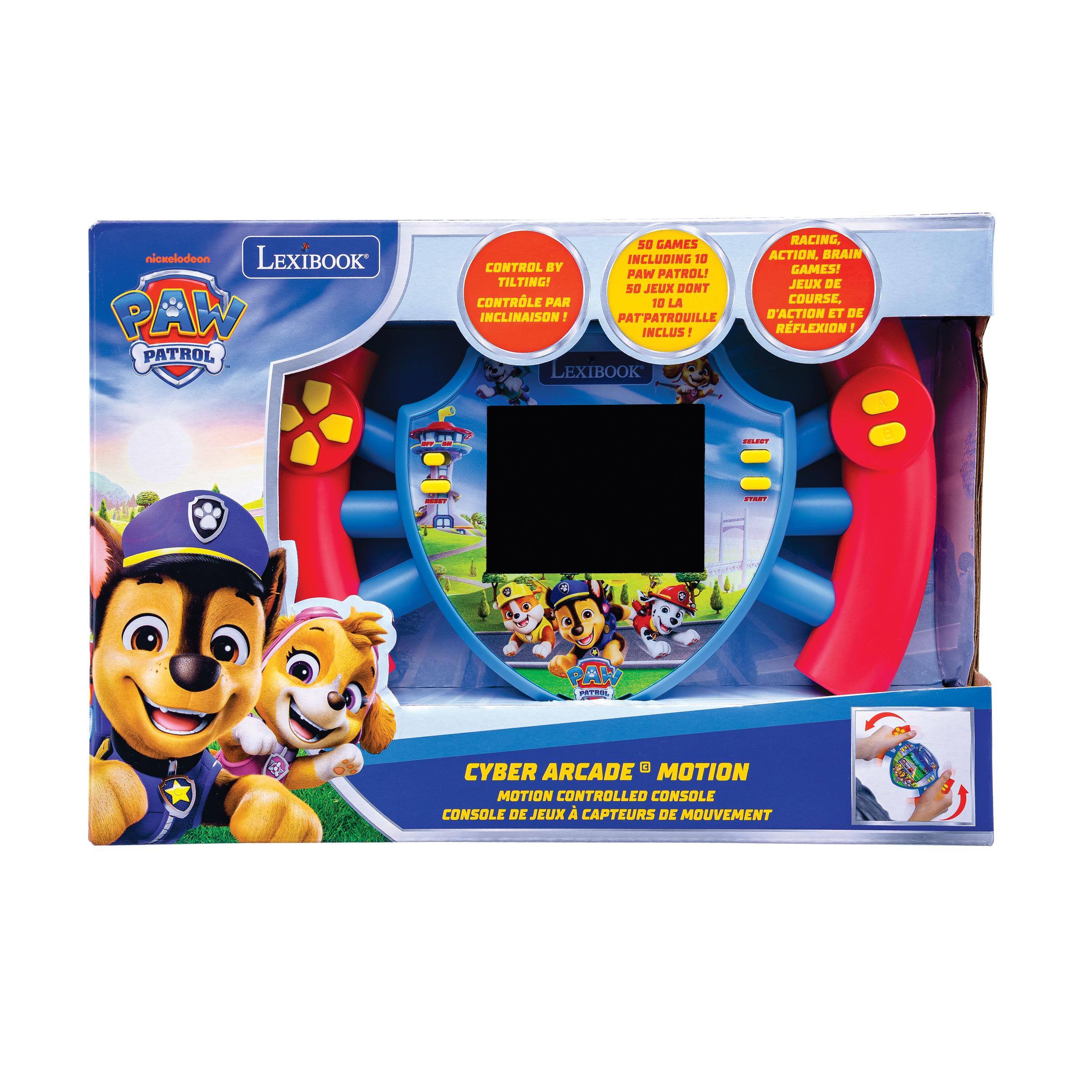 nickelodeon LEXIBOOK PAW PATROL  
50 GAMES INCLUDING 10 CONTROL BY PAW PATROL! TILTING! 50 JEUX DONT CONTRÔLE PAR 10 LA INCLINAISON PATPATROUILLE INCLUS! LEXIBOOK  
RACING, ACTION, BRAIN GAMES! JEUX DE COURSE, D'ACTION ET DE RÉFLEXION!  
TELECT  
2017  
START  
PAR  
CYBER ARCADE 3 MOTION MOTION CONTROLLED CONSOLE CONSOLE DE JEUX CAPTEURS DE MOUVEMENT