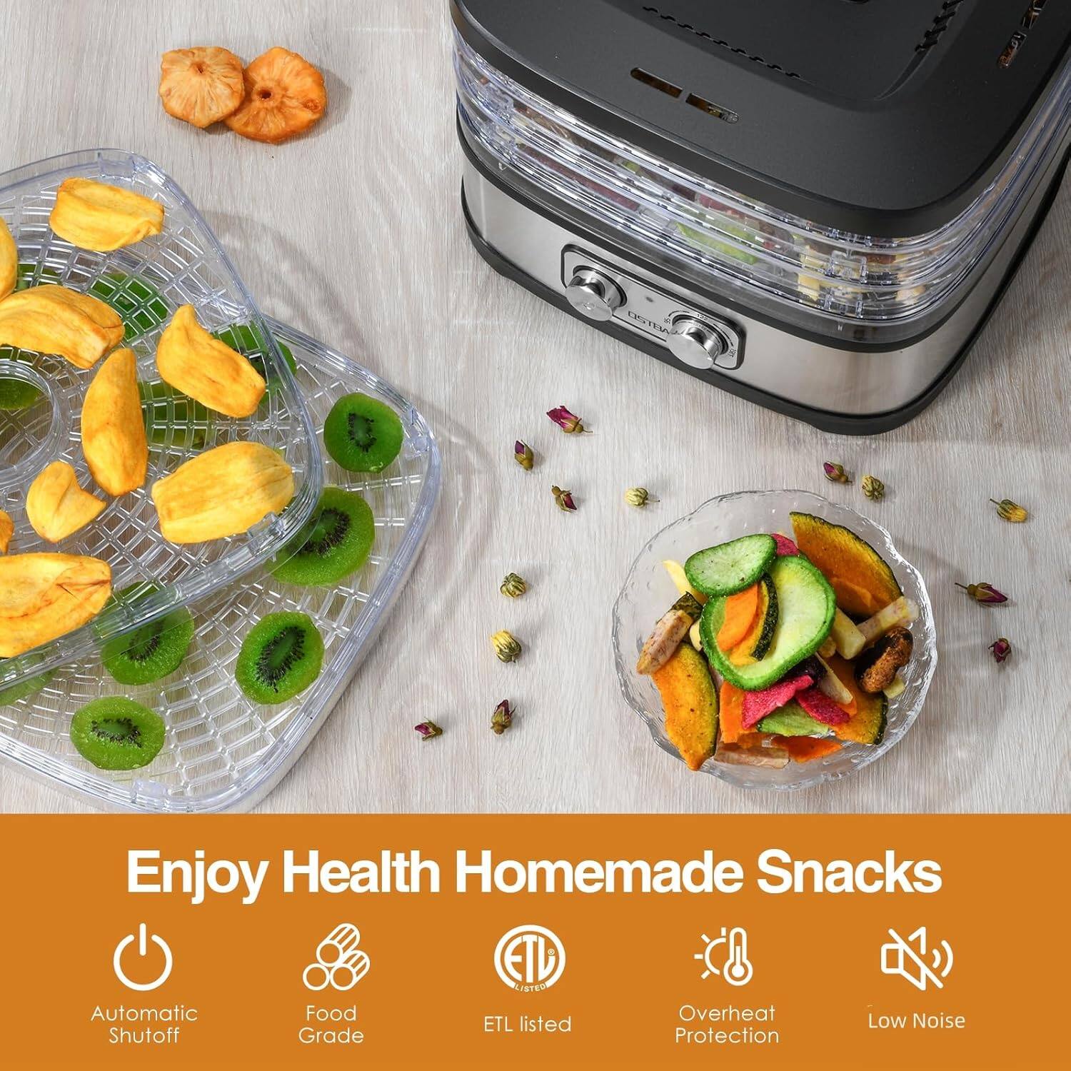 Enjoy Health Homemade Snacks

- Automatic Shutoff
- Food Grade
- ETL Listed
- Overheat Protection
- Low Noise