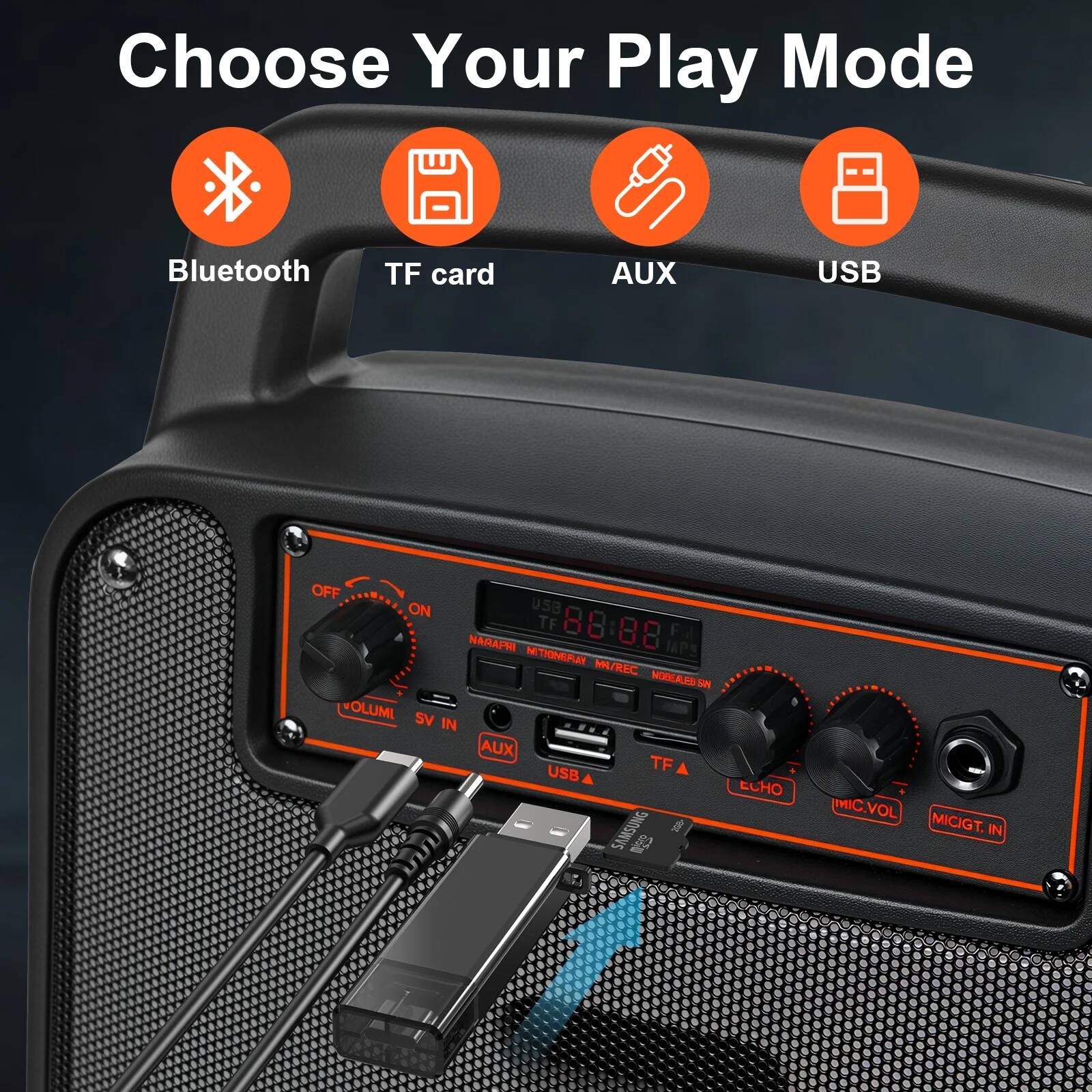Choose Your Play Mode

Bluetooth TF card AUX USB

OFF ON

VOLUME SV IN AUX

TF A USB A

ECHO

MIC.VOL MIC.GT.IN

NARAFR H ETIONP MA/REC HODEAZE SN MN OLUMI SV IN AUX TF A USB ELHO SAMSUNG d

MMIC.VOL MICIGT. IN