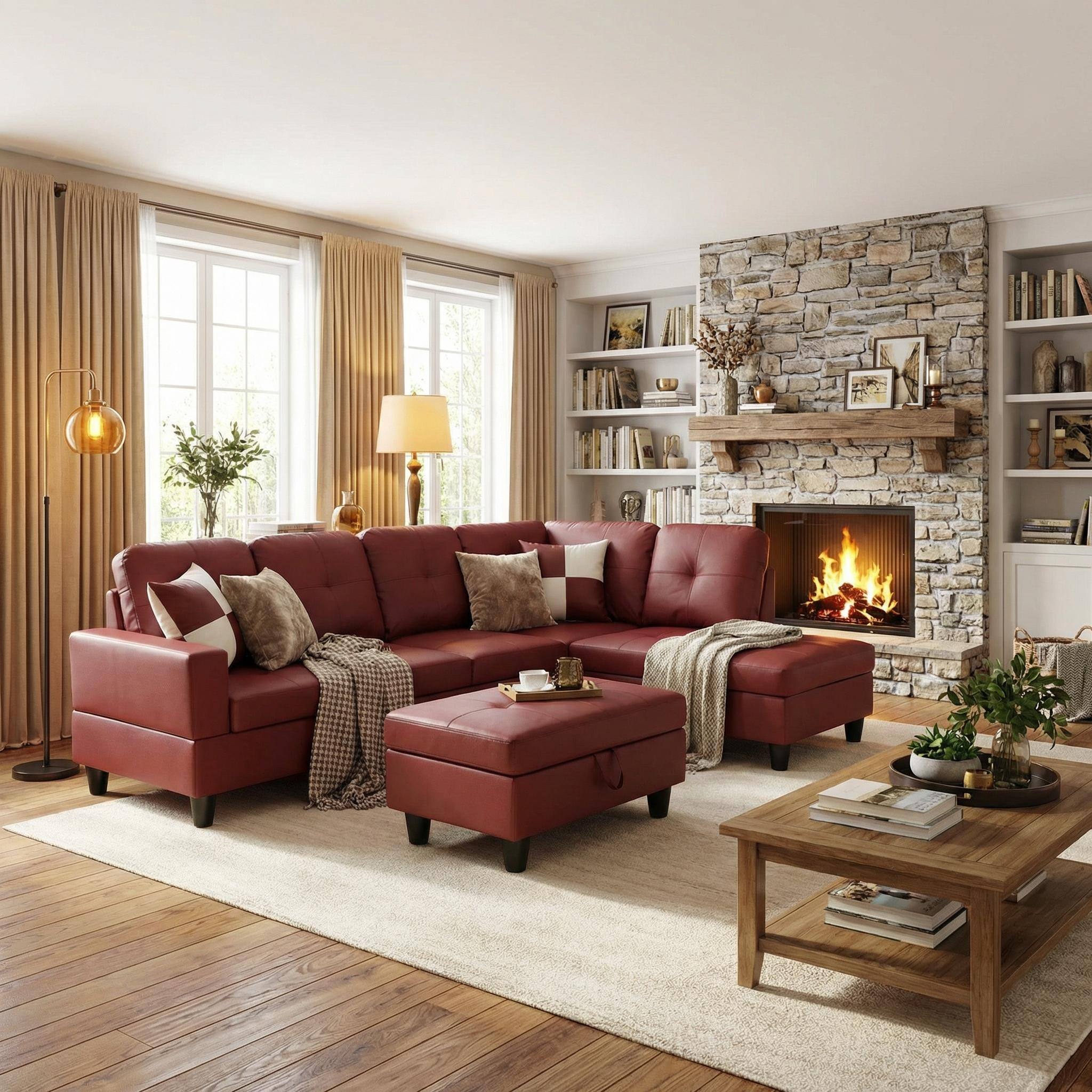 Alt View 2. Boyel Living - Premium Semi PU Upholstered Sofa Solid Wood Frame Double Spring with Right Chaise Lounge - Burgundy.