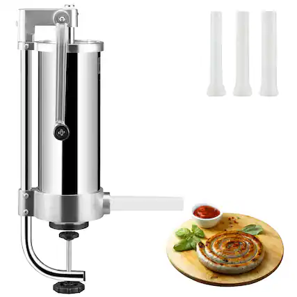Front. VEVOR - Sausage Stuffer, 5LBS/3L Capacity, 304 Stainless Steel Vertical Sausage Stuffer, Sausage Filling Machine - Silver.