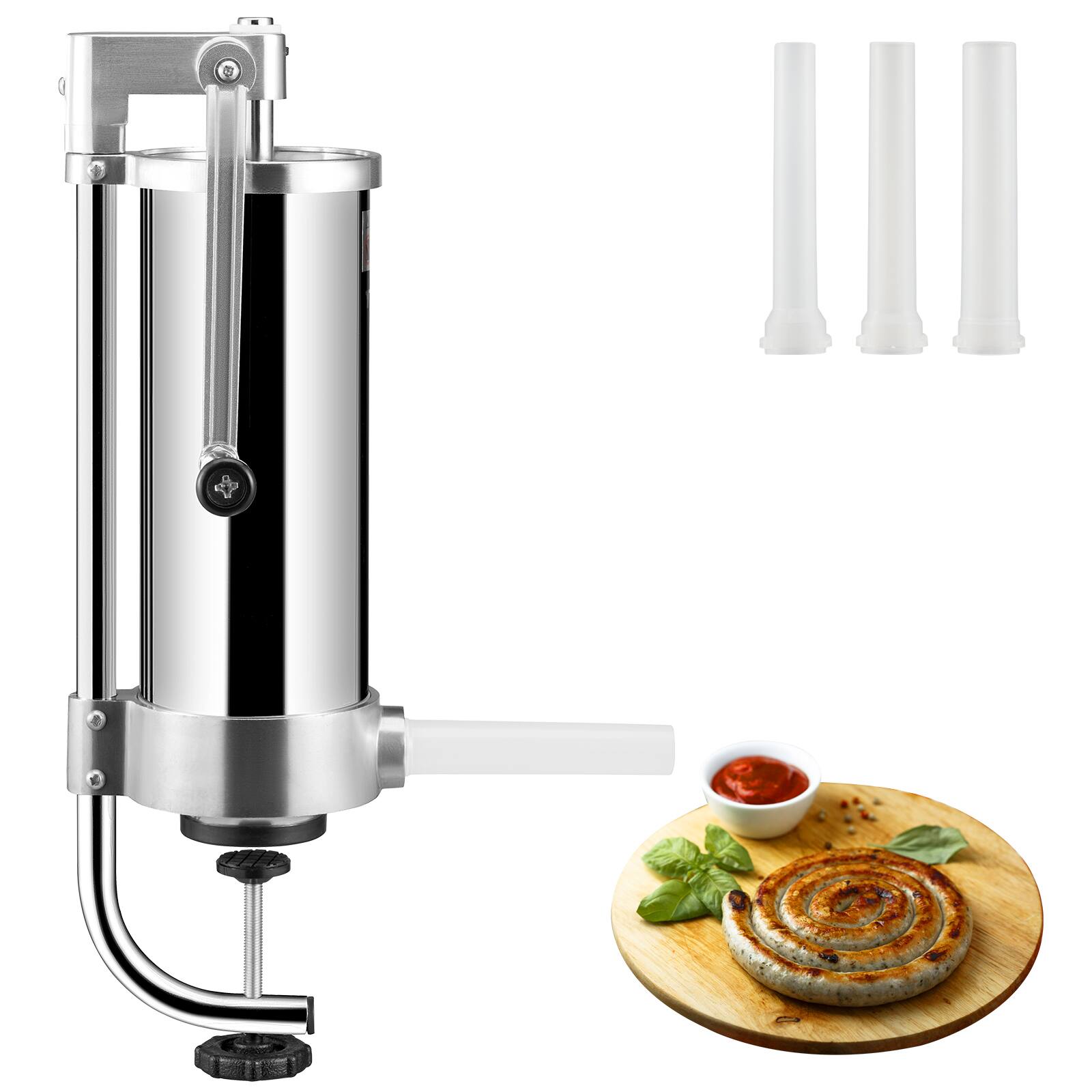 Front. VEVOR - Sausage Stuffer, 5LBS/3L Capacity, 304 Stainless Steel Vertical Sausage Stuffer, Sausage Filling Machine - Silver.