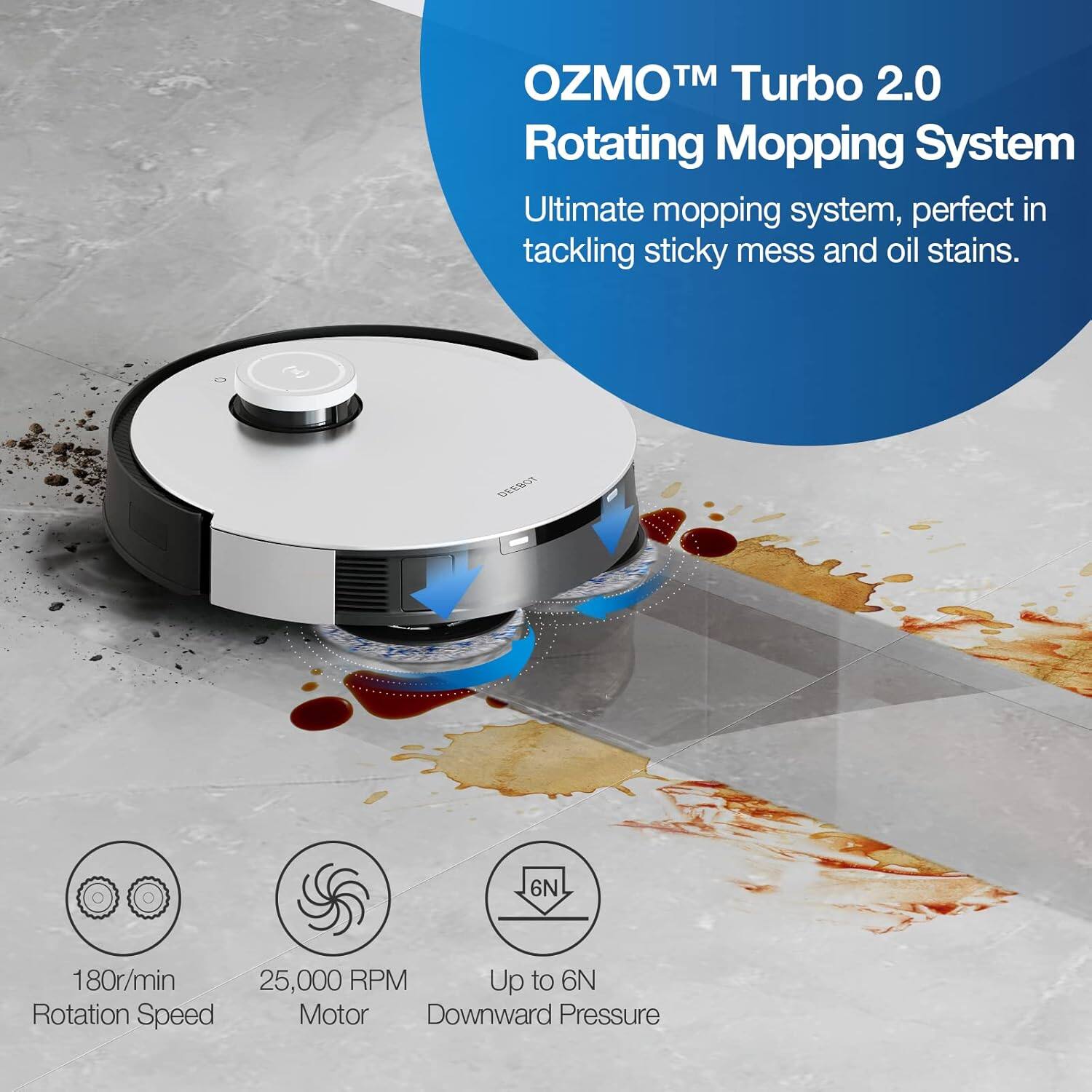OZMO™ Turbo 2.0 Rotating Mopping System

Ultimate mopping system, perfect in tackling sticky mess and oil stains.

- 180r/min Rotation Speed
- 25,000 RPM Motor
- Up to 6N Downward Pressure