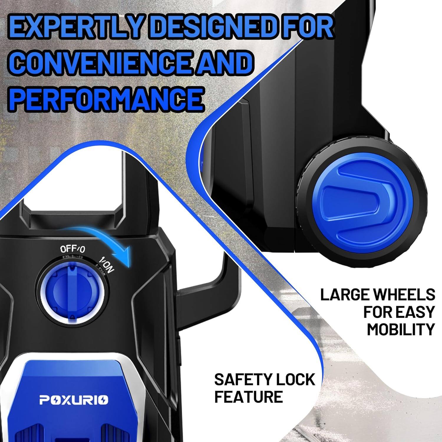 EXPERTLY DESIGNED FOR CONVENIENCE AND PERFORMANCE

LARGE WHEELS FOR EASY MOBILITY

SAFETY LOCK FEATURE