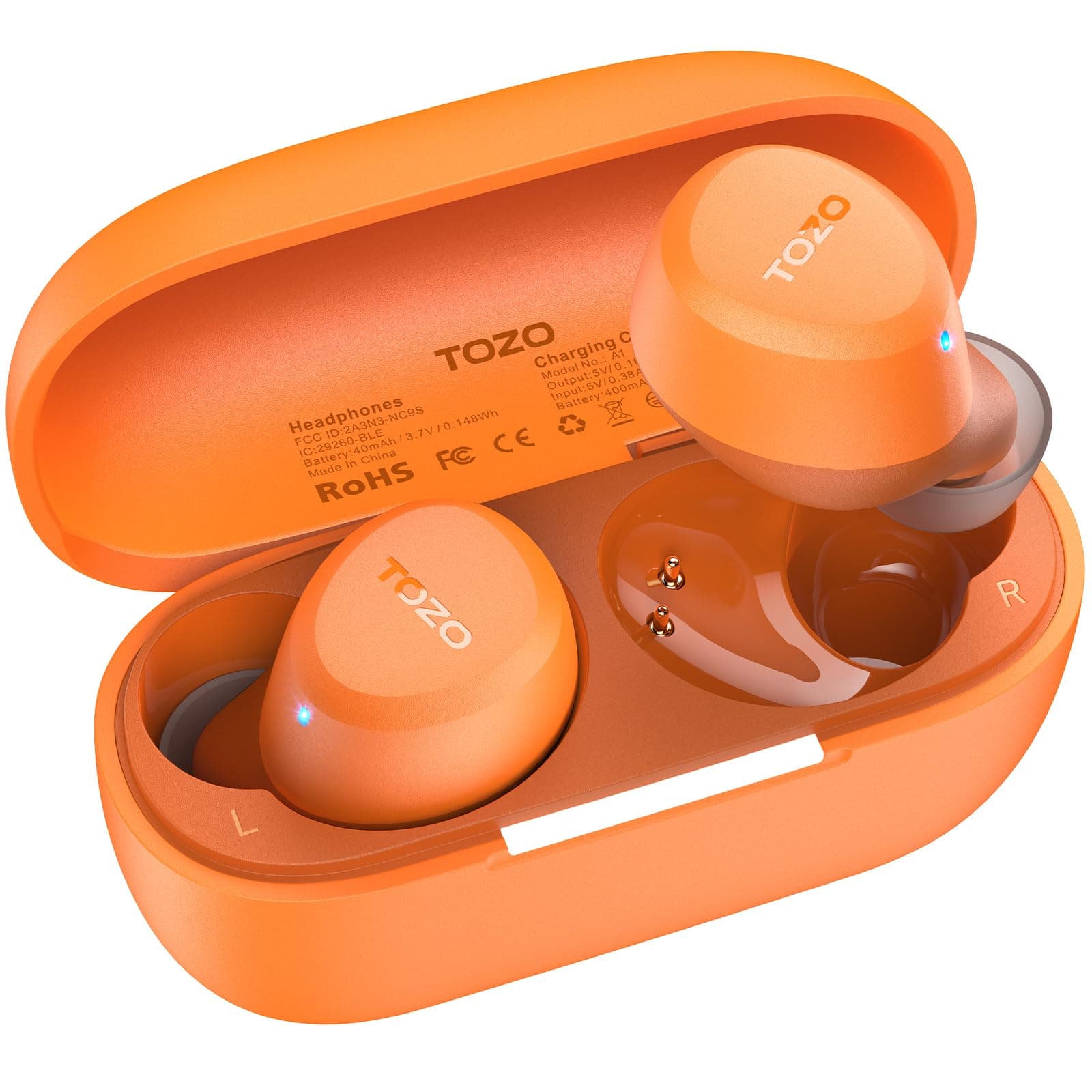 TOZO - A1 Lightweight Wireless Earbuds Bluetooth Headphones, 32H, AI ENC Mic, Clear Calls, Premium Stereo Bass, IPX5, App 32EQ - Orange