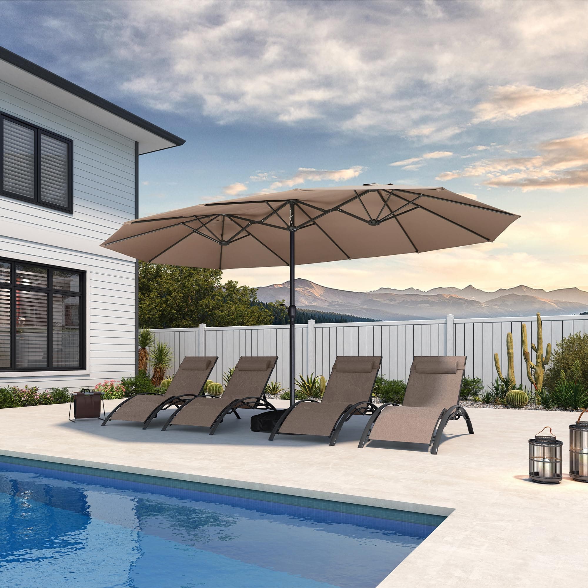 Front. PURPLE LEAF - 15 ft. Patio Market Umbrella with Base Double-Sided Outdoor Table Sun Umbrellas with Crank for Pool Beach Deck Backyard - Taupe.