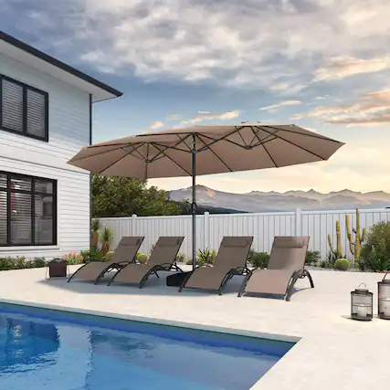 Front. PURPLE LEAF - 15 ft. Patio Market Umbrella with Base Double-Sided Outdoor Table Sun Umbrellas with Crank for Pool Beach Deck Backyard - Taupe.