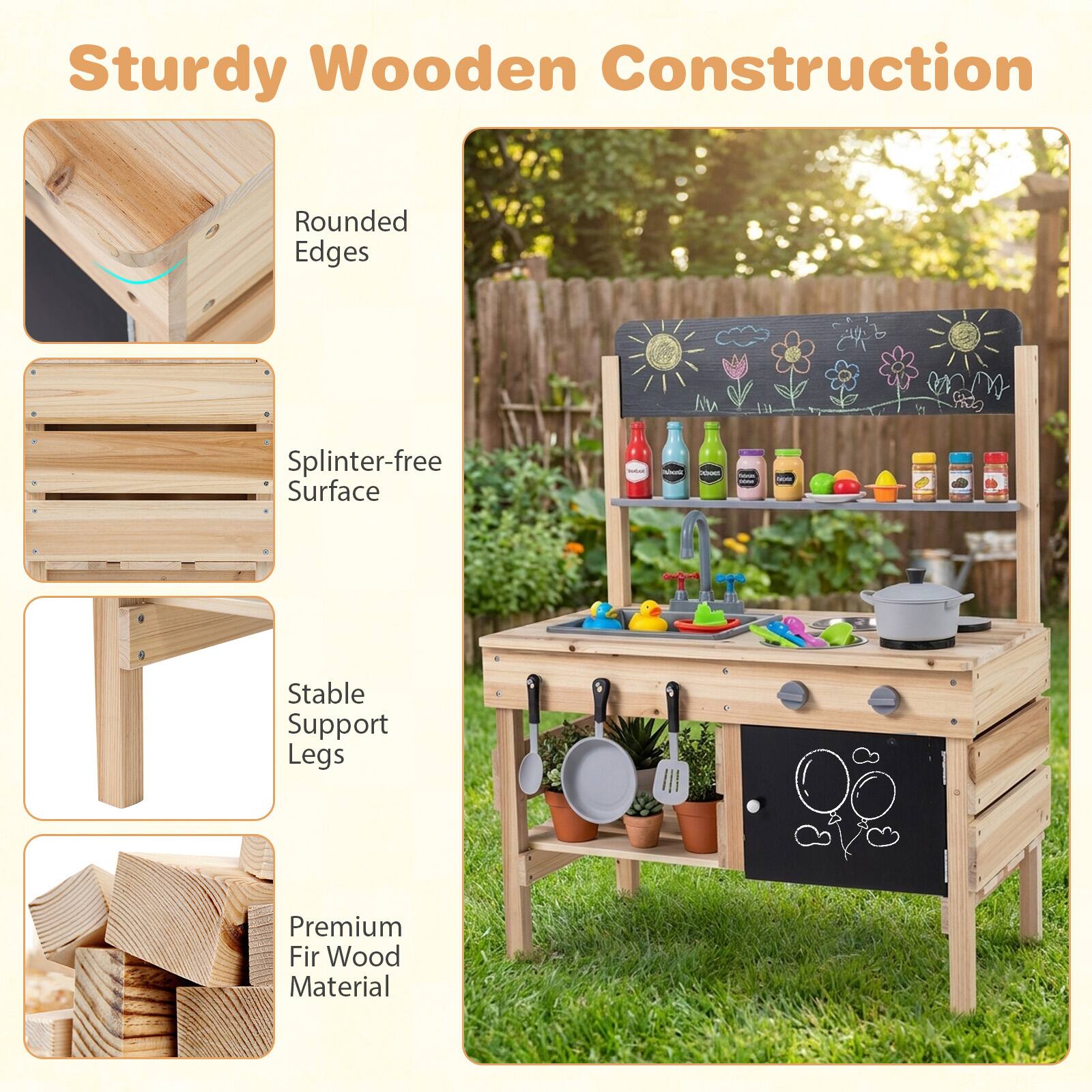 Sturdy Wooden Construction  
- Rounded Edges  
- Splinter-free Surface  
- Stable Support Legs  
- Premium Fir Wood Material