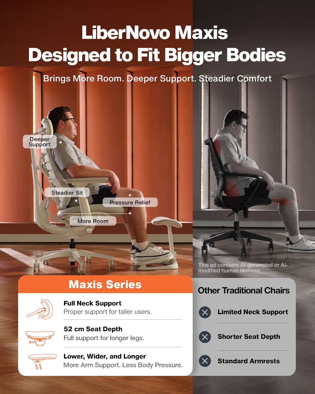 LiberNovo Maxis  
Designed to Fit Bigger Bodies  
Brings More Room. Deeper Support. Steadier Comfort

Deeper Support  
Steadier Sit  
Pressure Relief  
More Room

This ad contains AI-generated or AI-modified human likeness.

Maxis Series  
Full Neck Support  
Proper support for taller users.  
52 cm Seat Depth  
Full support for longer legs.  
Lower, Wider, and Longer  
More Arm Support. Less Body Pressure.

Other Traditional Chairs  
Limited Neck Support  
Shorter Seat Depth  
Standard Armrests