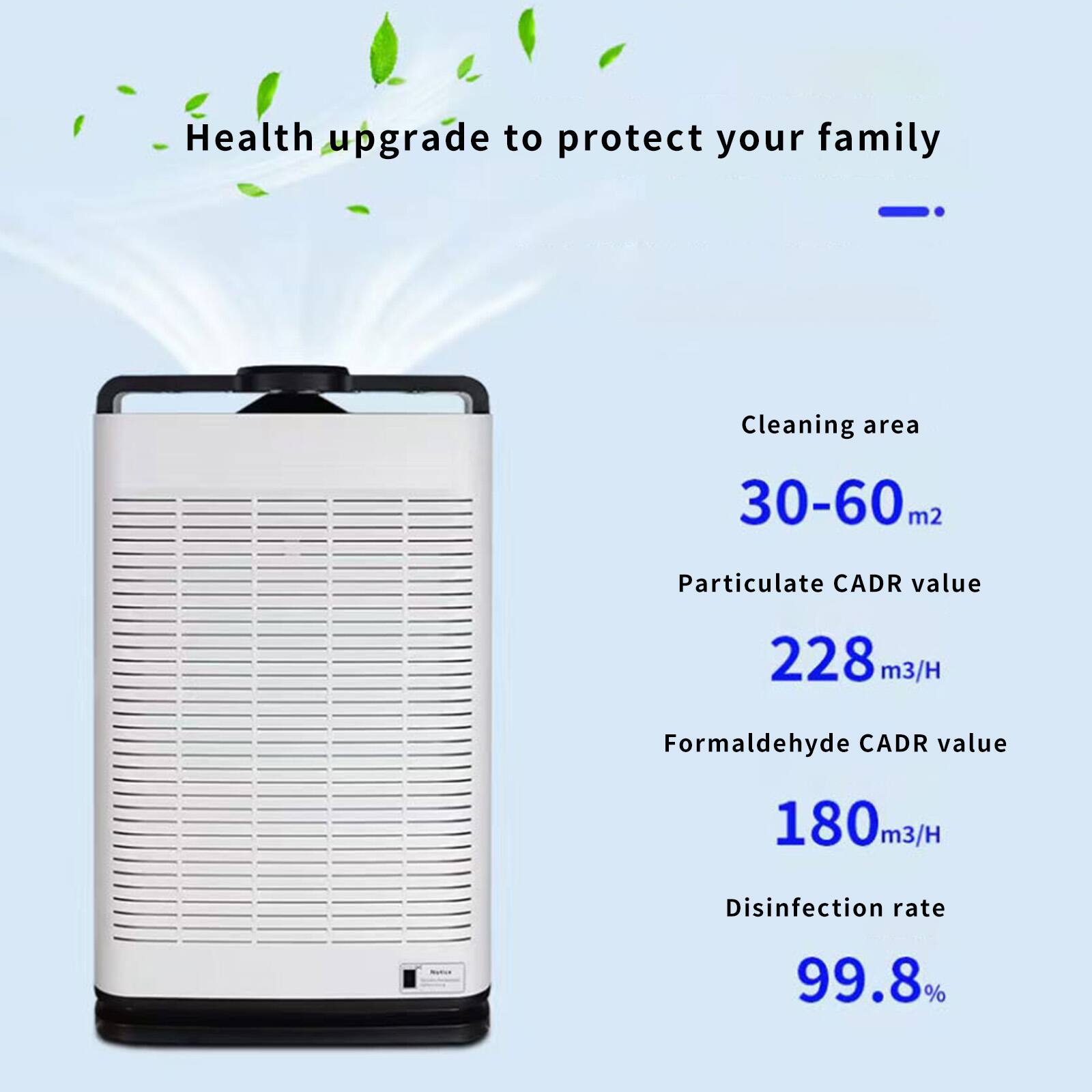Health upgrade to protect your family

Cleaning area: 30-60 m²

Particulate CADR value: 228 m³/H

Formaldehyde CADR value: 180 m³/H

Disinfection rate: 99.8%