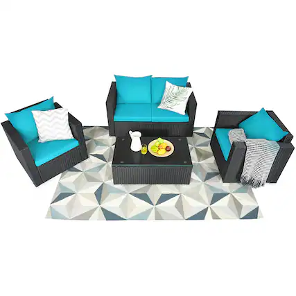 Alt View 3. Gymax - Gymax 4PCS Rattan Patio Conversation Set Outdoor Furniture Set w/ Turquoise Cushions - Turquoise.