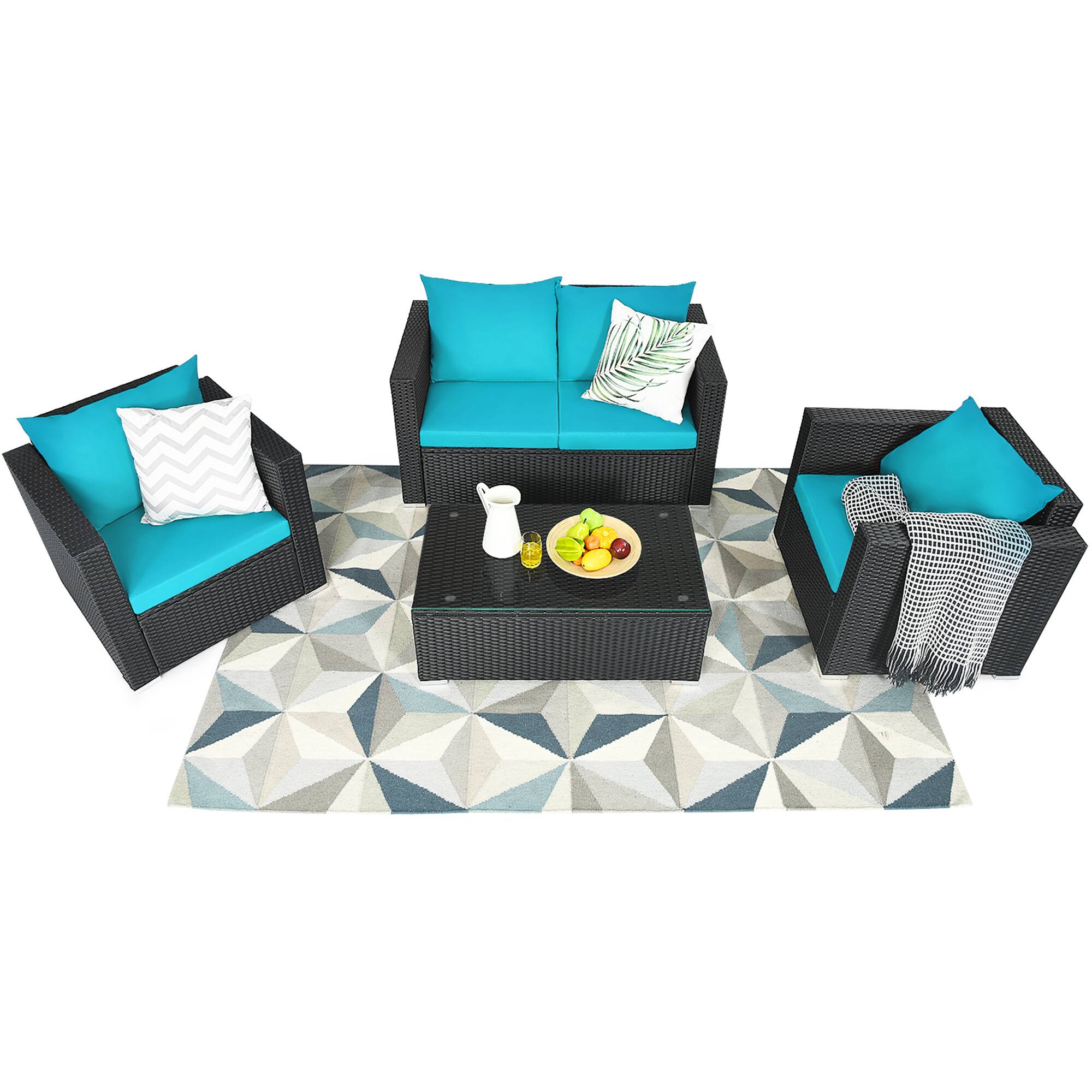 Alt View 3. Gymax - Gymax 4PCS Rattan Patio Conversation Set Outdoor Furniture Set w/ Turquoise Cushions - Turquoise.