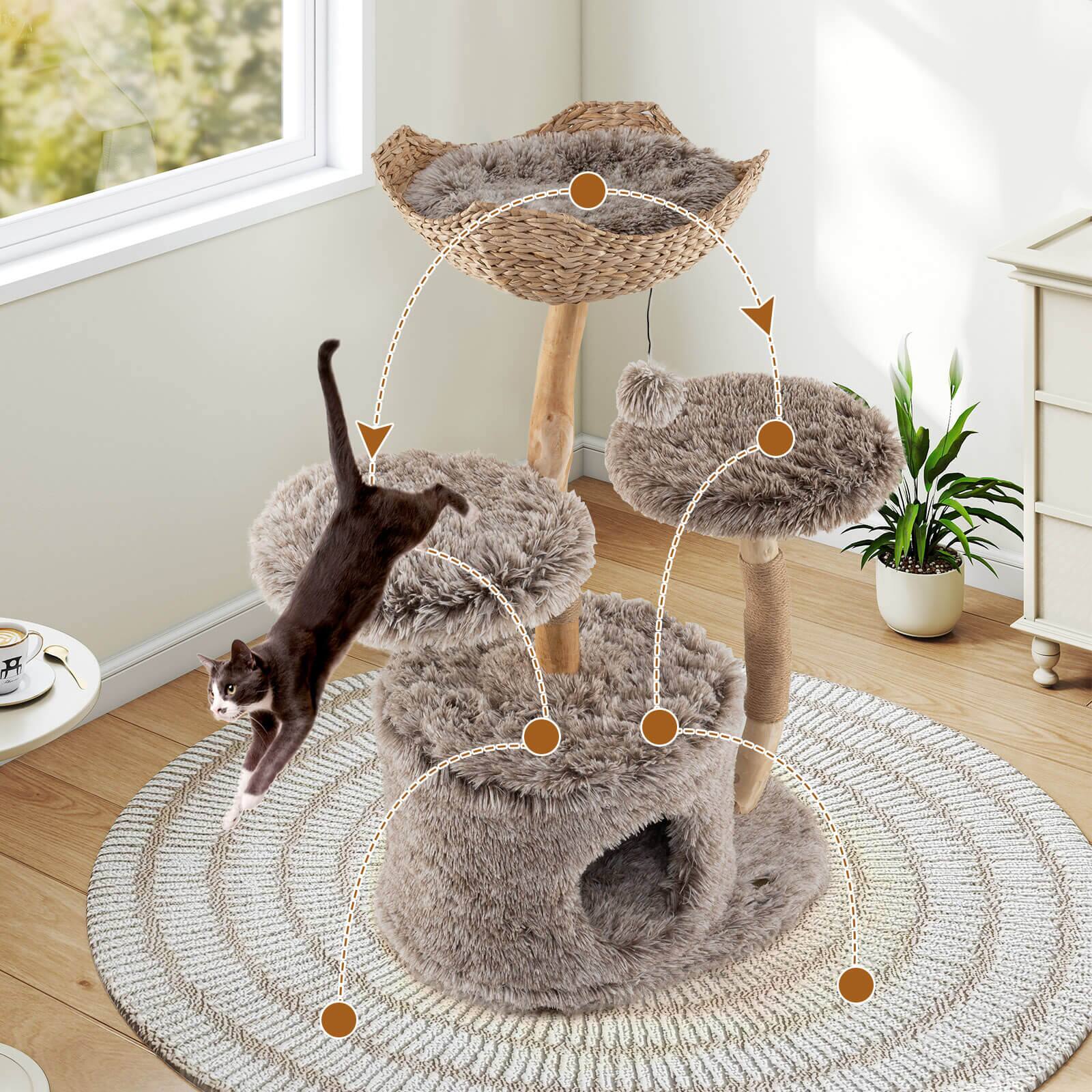 Alt View 1. Costway - Costway Solid Wood Cat Tree with Well-woven Cattail Basket Luxury Condo Scratching Posts - Brown.
