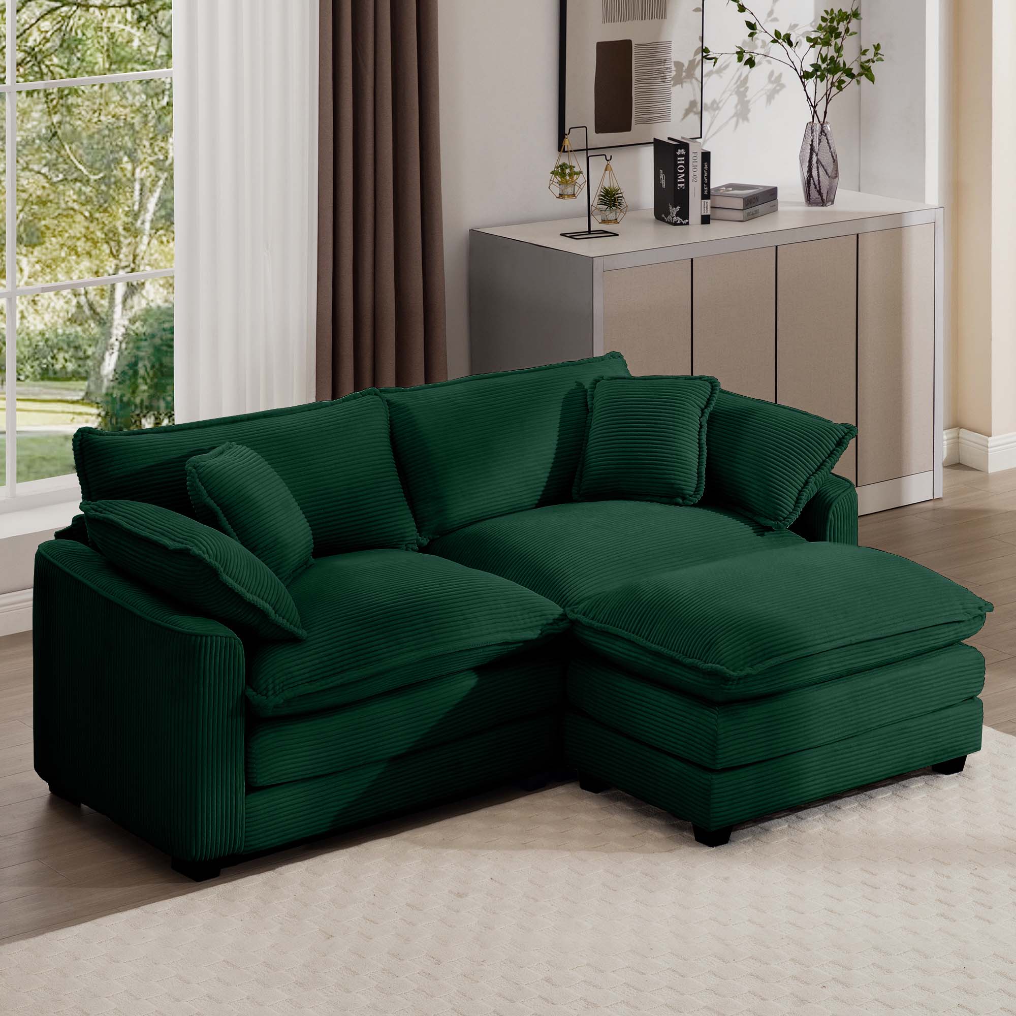 Front. LOVMOR - 2 Seater L Shaped Storage Ottoman Corduroy Couch Easy Assembly Memory Foam For Living Room Bedroom Club Lounge - Green.