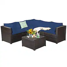 Front. Costway - Costway 6PCS Patio Rattan Furniture Set Sectional Cushioned Sofa Deck - Navy.