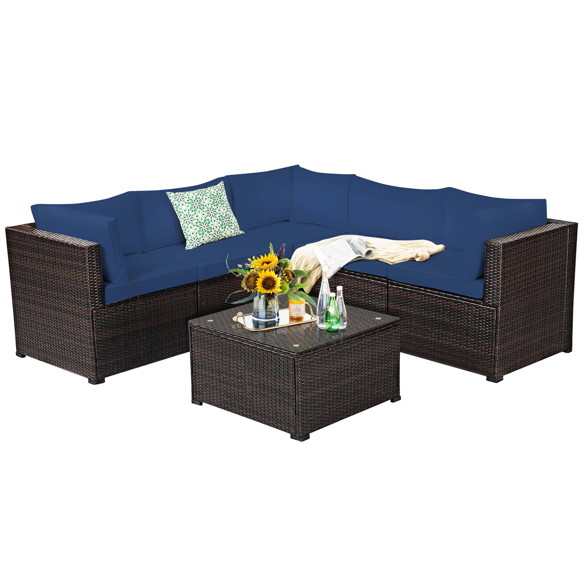 Costway - 6PCS Patio Rattan Furniture Set Sectional Cushioned Sofa Deck - Navy