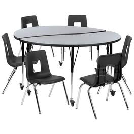 Flash Furniture - Emmy Mobile 60" Circle Wave Flexible Laminate Activity Table Set with 18" Student Stack Chairs, Grey/Black - Gray