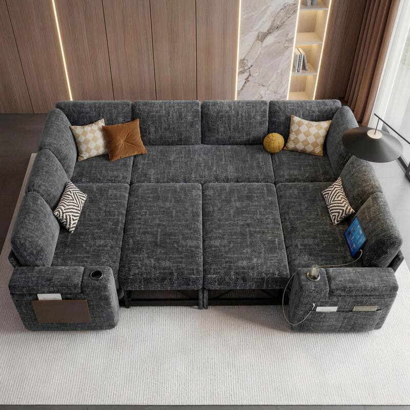 Angle. Dyonery - 112” Modular Sectional Sofa with Storage, U Shaped Couch for Living Room, 8-Seat Chenille Deep Seat Sofa. - Grey.