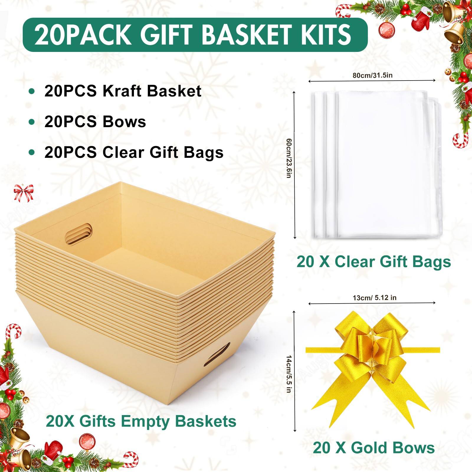 20PACK GIFT BASKET KITS

- 20PCS Kraft Basket
- 20PCS Bows
- 20PCS Clear Gift Bags

20X Gifts Empty Baskets

20 X Clear Gift Bags

20 X Gold Bows