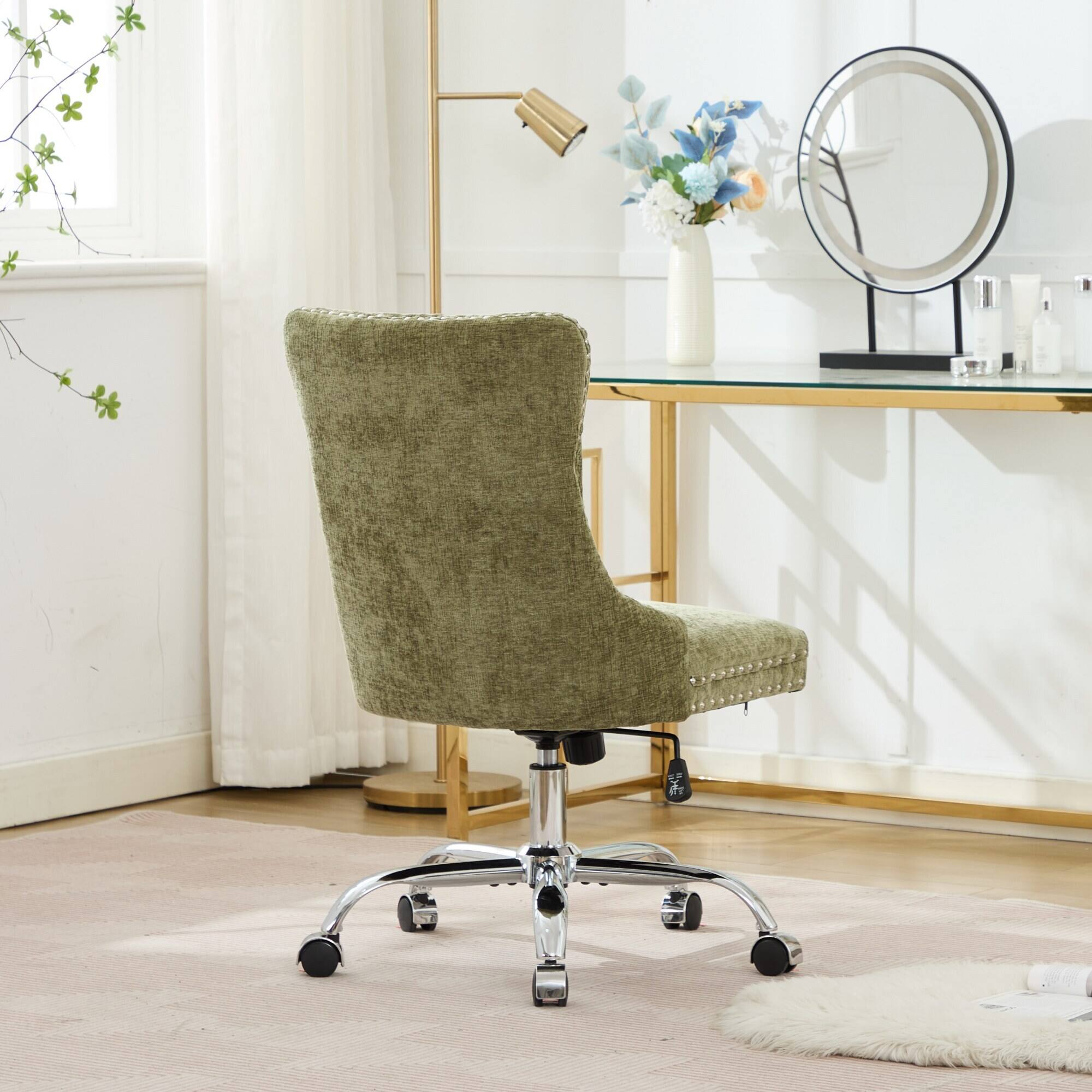 Alt View 1. Trinkets Crazed - Home Office Chair with Wheels & Silver Base,Chenille Fabric Makeup Vanity Chair with Tufted Back, Swivel Desk Chair - Green.