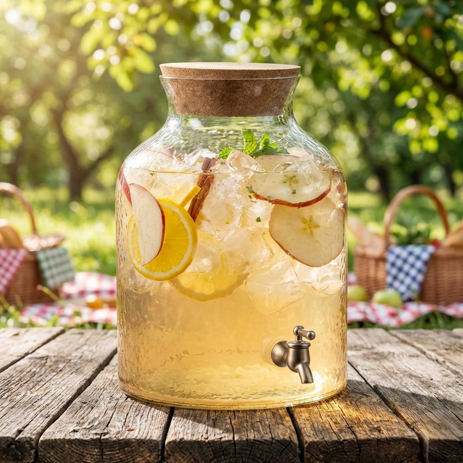 Angle. Style Setter - Hammered Glass Bev Dispenser 2.7 GAL withCork Lid - Clear.