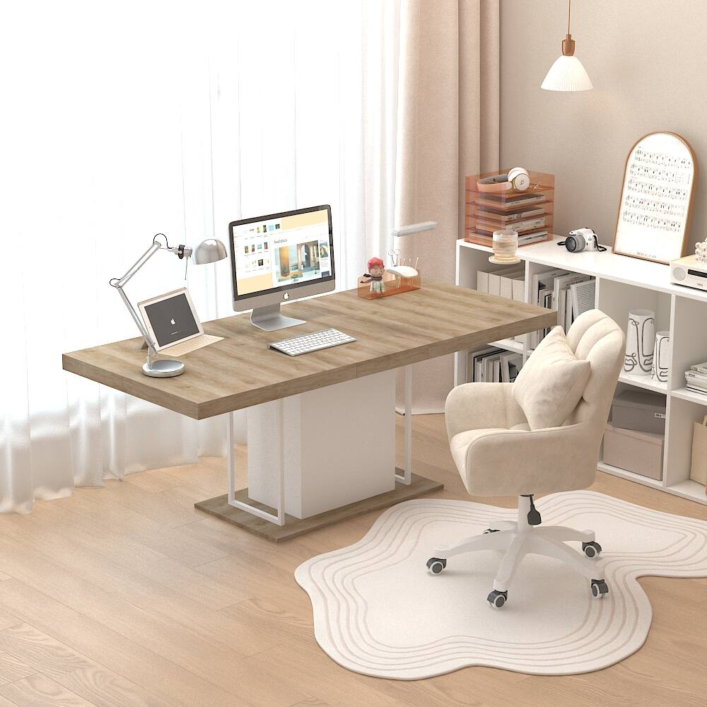 Back. Tiramisubest - Modern Extendable Dining Table for 6-10 People,78" Rectangle Dining Table with White Double Sturdy Pedestal Base - White Oak.