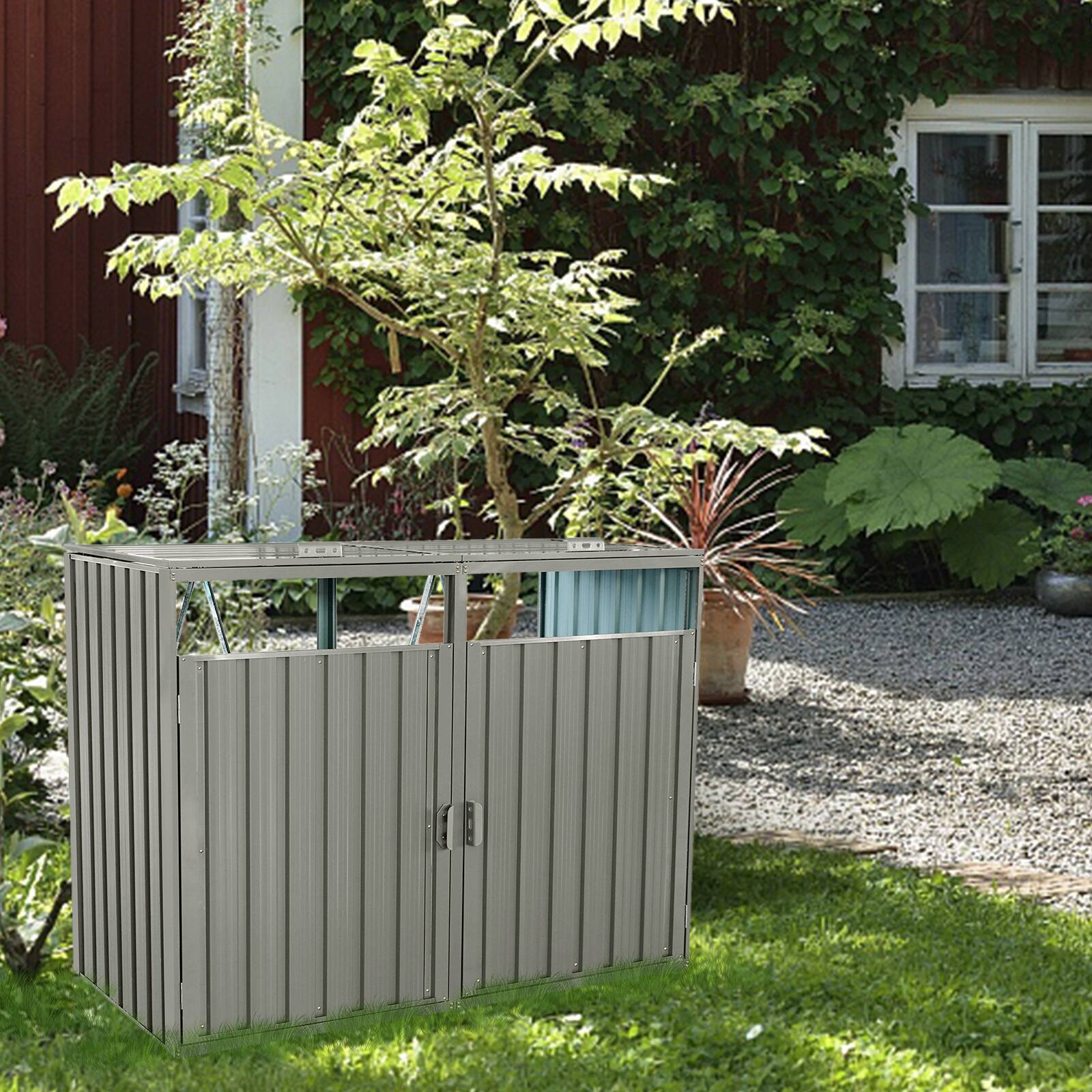 Left. Mondawe - 2 Trash Cans Metal Outdoor Bin Shed - Grey.